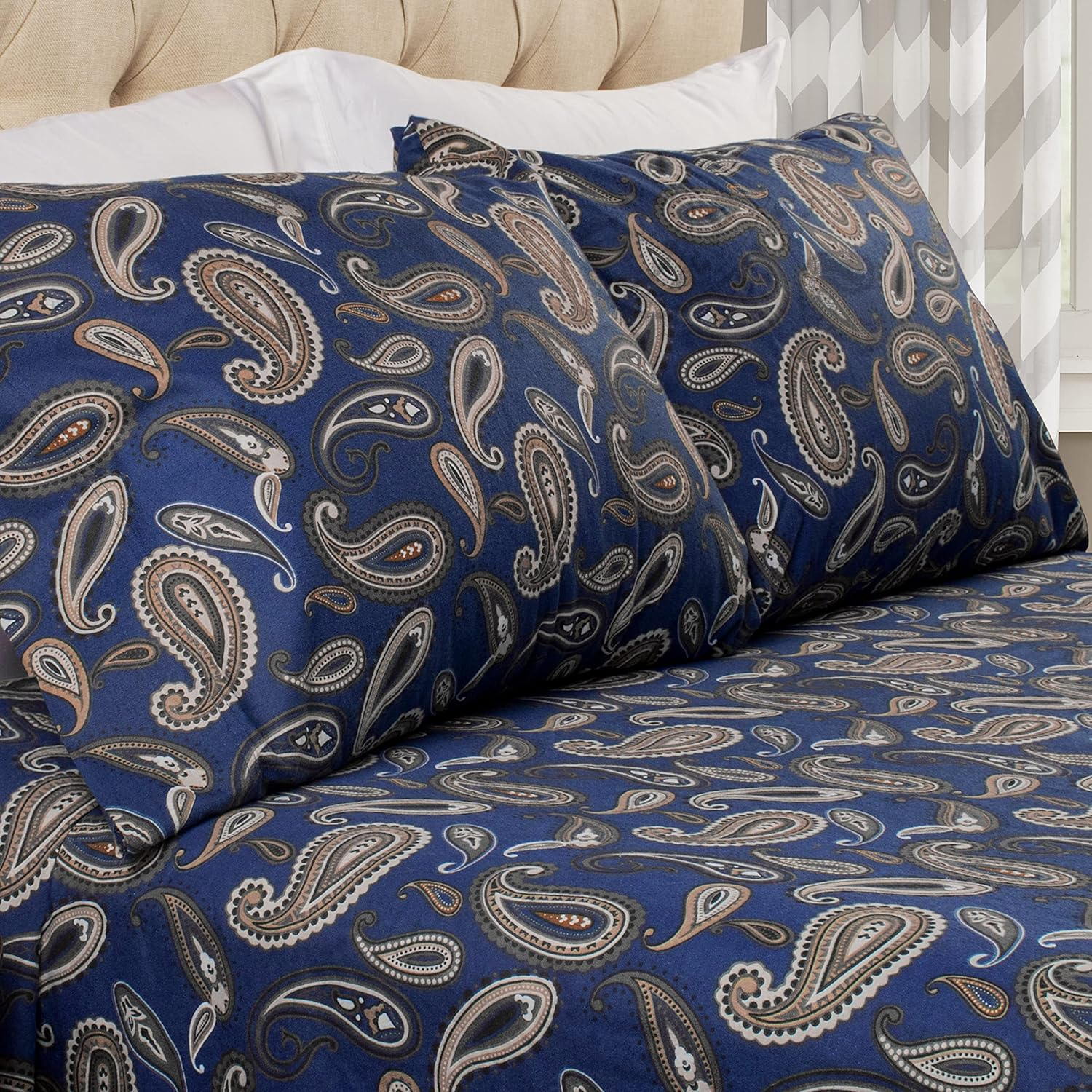 Impressions by Luxor Treasures FLASDPC PANB Cotton Flannel Standard Pillowcase Set Paisley, Navy Blue
