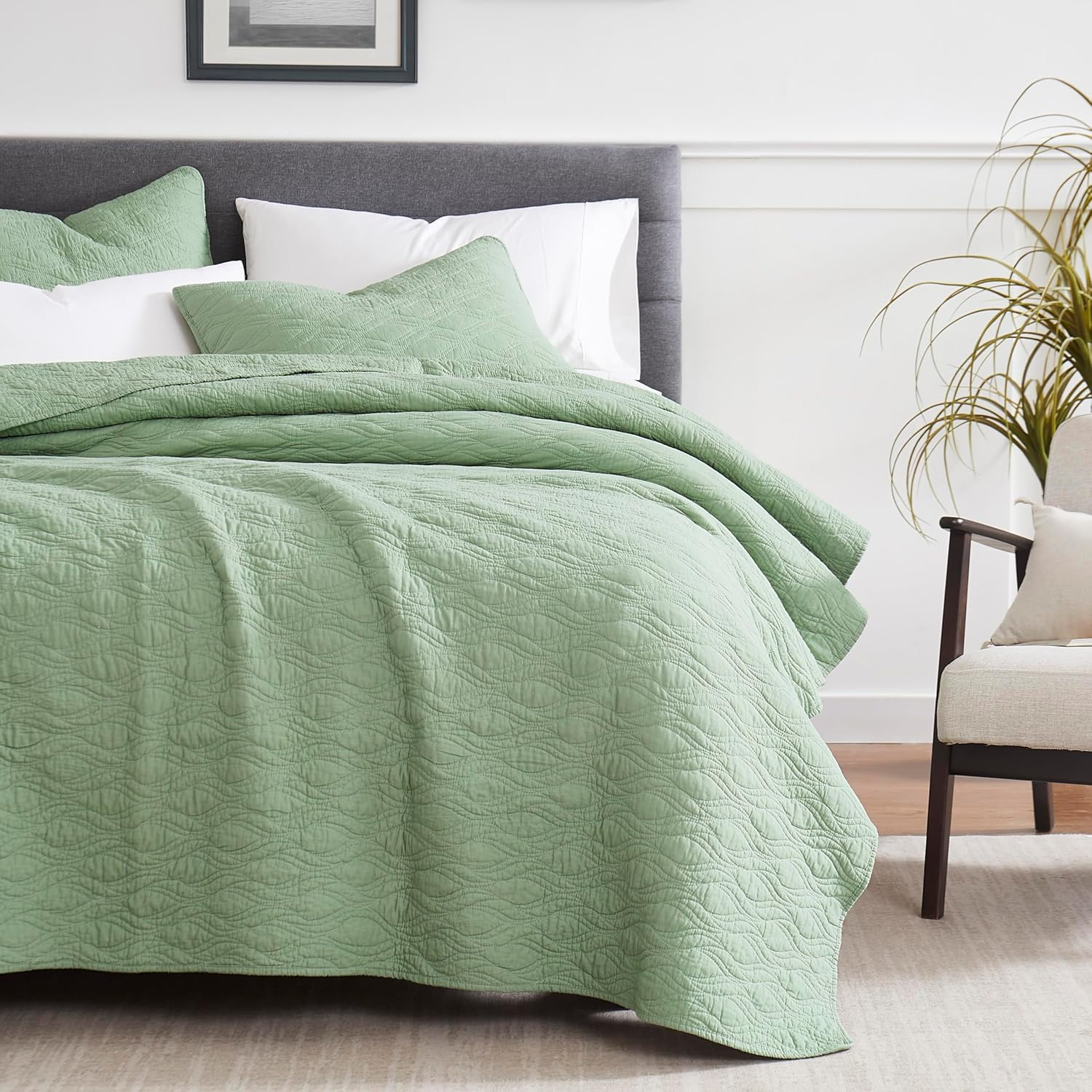 palassio Green 100% Cotton Quilt California Cal King Size Bedding Sets with Pillow Shams,Oversized Lightweight Soft Bedspread Coverlet, Cozy Bed Cover for All Season, 3 Pieces, 118x106 inches