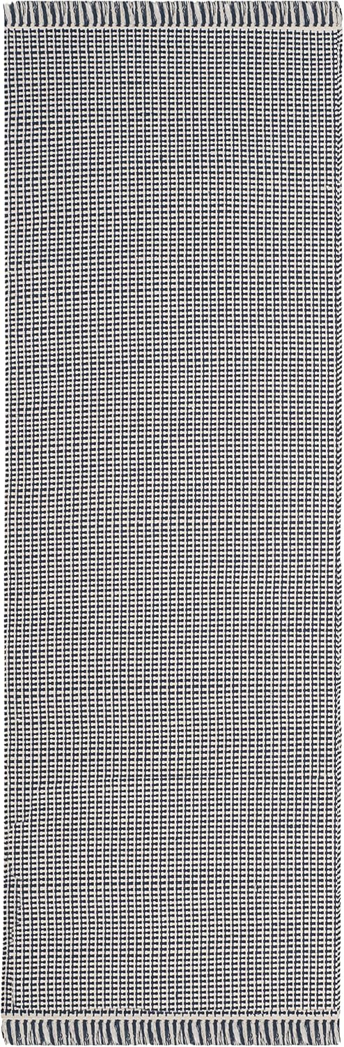 Ivory and Navy Geometric Cotton Runner Rug, 2'3" x 12'