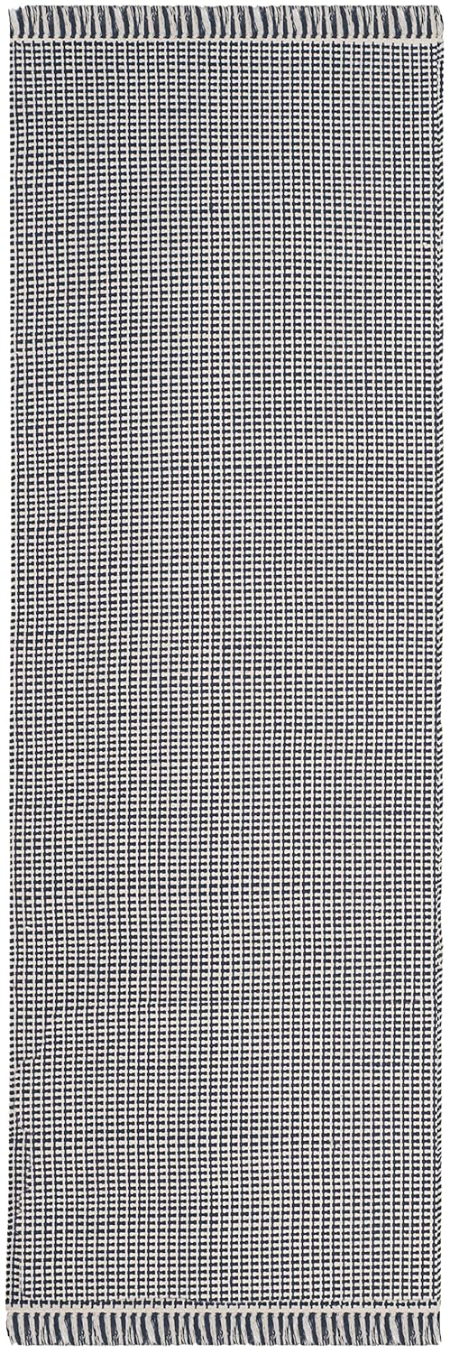 Ivory and Navy Geometric Cotton Runner Rug, 2'3" x 12'