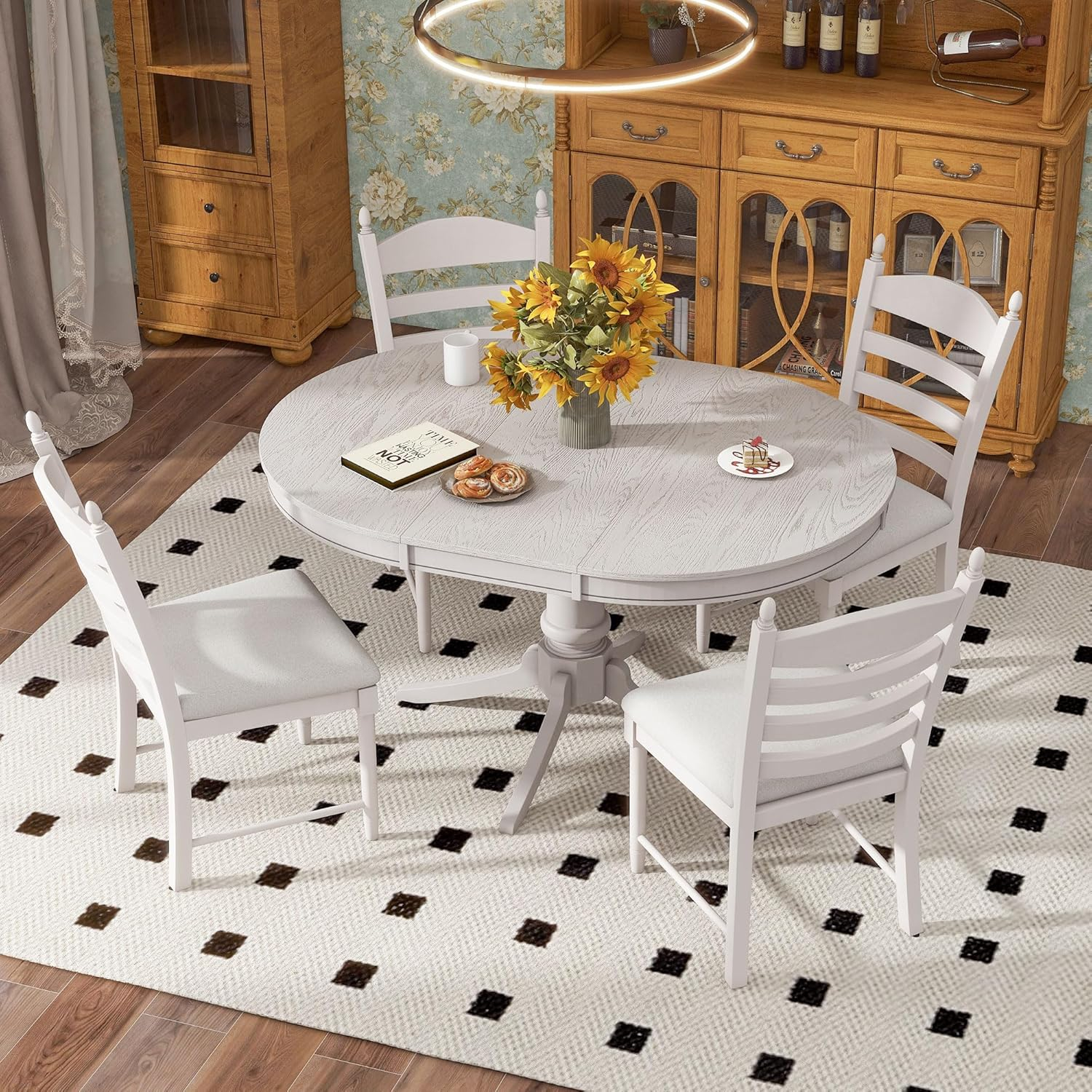 MERITLINE Dining Table Set, 5-Piece Retro Functional Dining Table Set, Wood Round Extendable Dining Table and 4 Upholstered Dining Chairs（Off White）