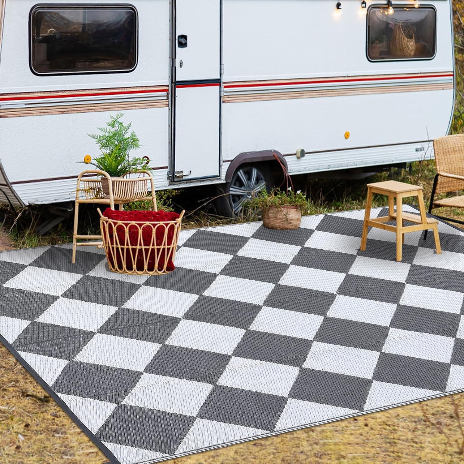 Garvee Waterproof Outdoor Rug 9'x12' Reversible Plastic Patio Rugs, Portable Modern Abstract Indoor Outdoor Carpet for Camping, Balcony, Deck, Backyard, Black & White, with Storage Bag
