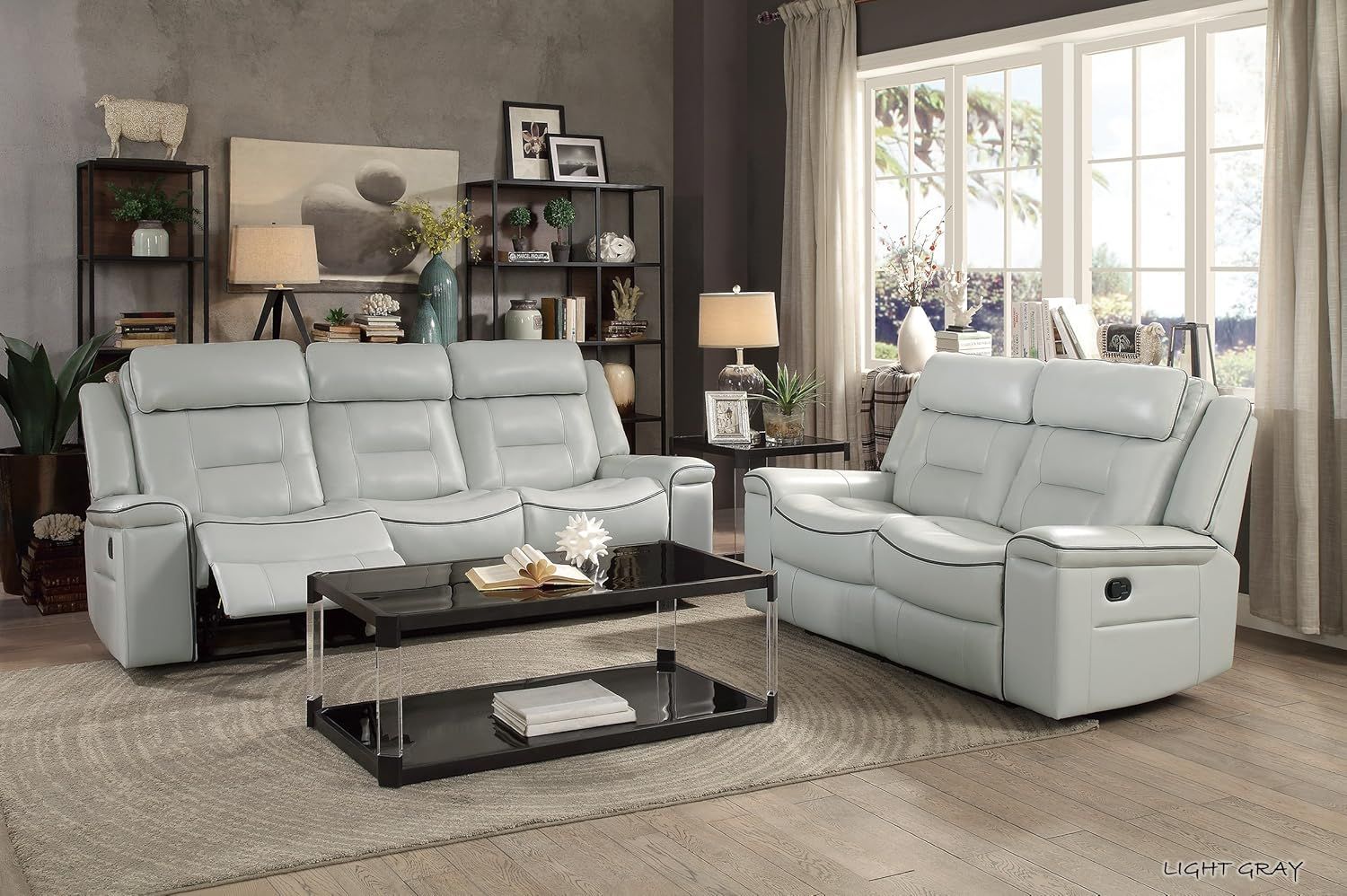 Homelegance Darwan 88" Leather Gel Double Reclining Sofa, Light Gray