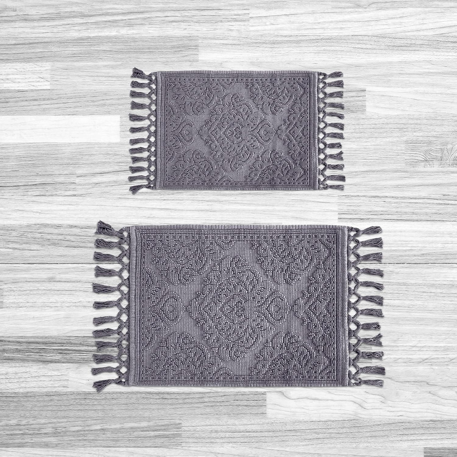Jean Pierre Ricardo Cotton Fringe 2-Piece Bath Rug Set, Dark Grey