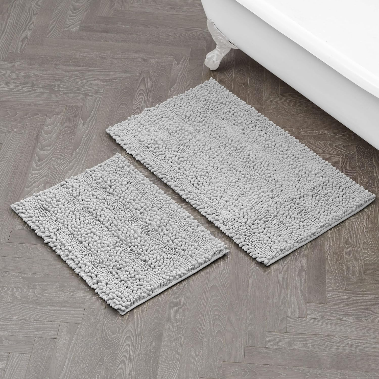 Laura Ashley – Astor Chenille Bath Mats | Set of 2| 100% Polyester | Premium Bathroom Décor | Machine Washable | TPR Backing | Measures 17” x 24” and 20” x 34” | Light Grey