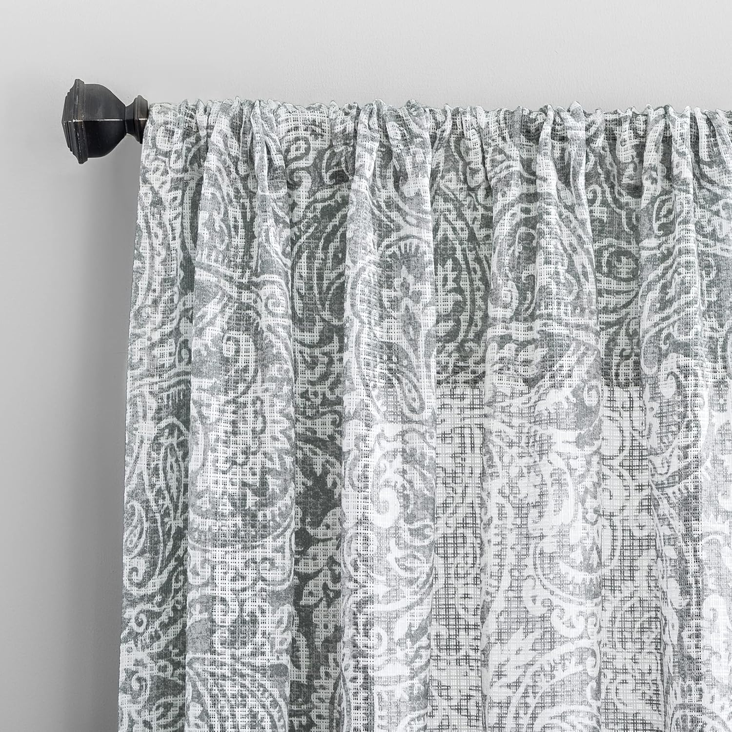 Gray Paisley Waffle Weave Cotton Blend Sheer Curtains, 50" x 84"
