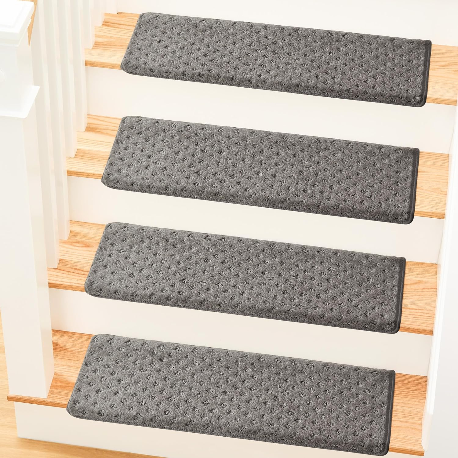 MBIGM Bullnose Carpet Stair Treads for Wooden Steps, Non-Slip Indoor Stair Runner w/ TPU Backing & Steel Reinforcement, Dark Gray Lattice, 14 Pack