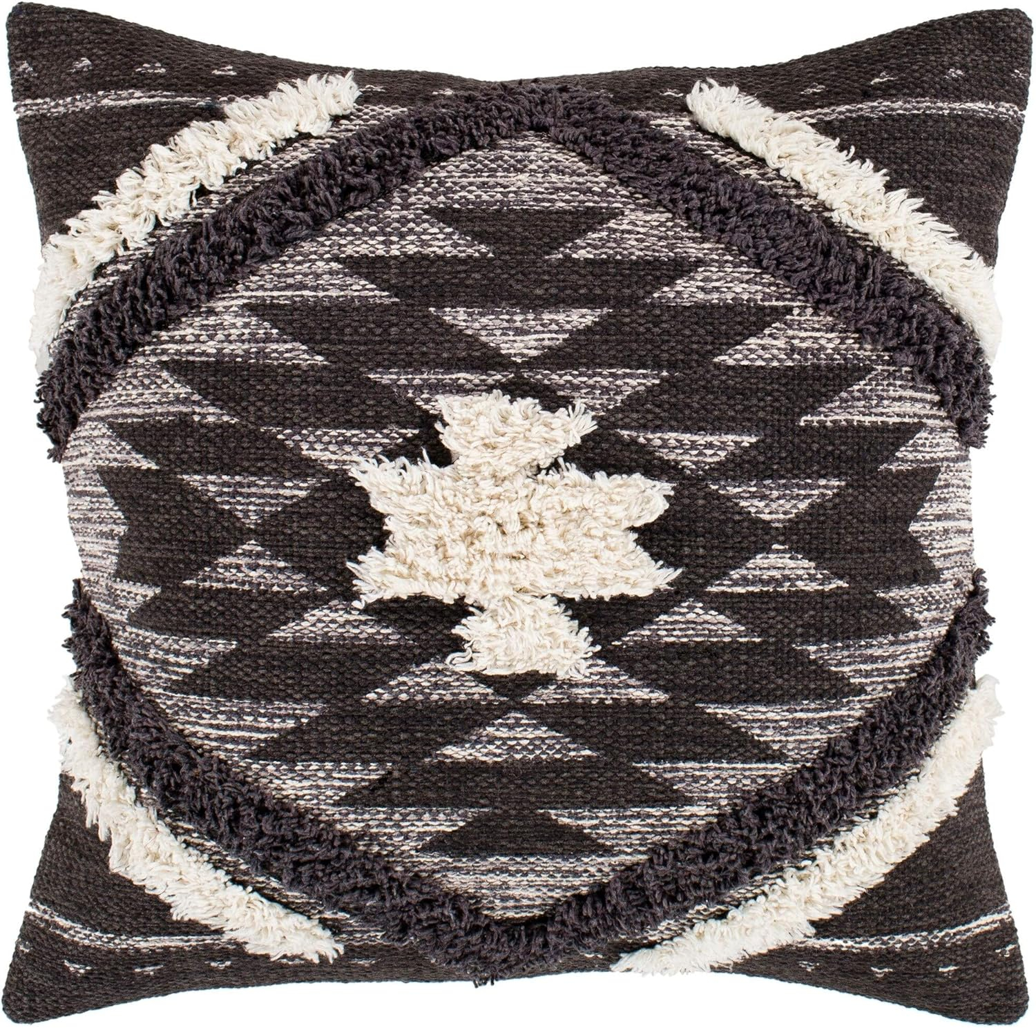 Black and Cream Boho Shag Cotton Throw Pillow 20" x 20"