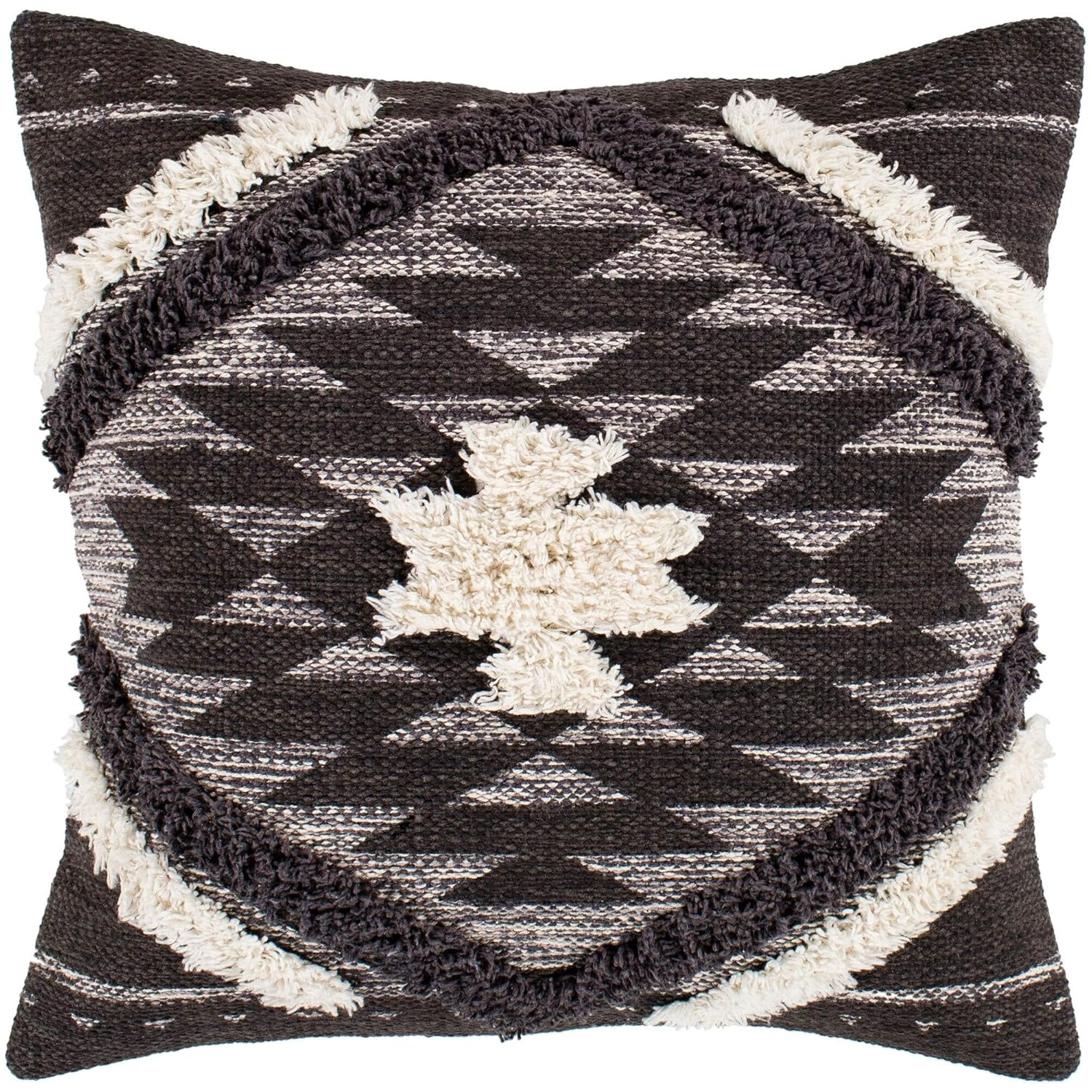 Black and Cream Boho Shag Cotton Throw Pillow 20" x 20"
