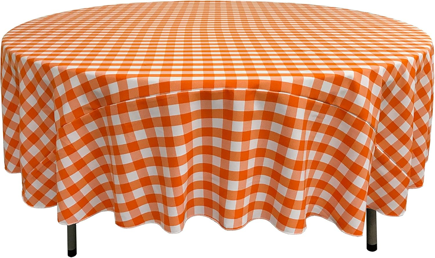 TCcheck90R-OrangeK48 Polyester Gingham Checkered Tablecloth - White & Orange - 90 in. Round