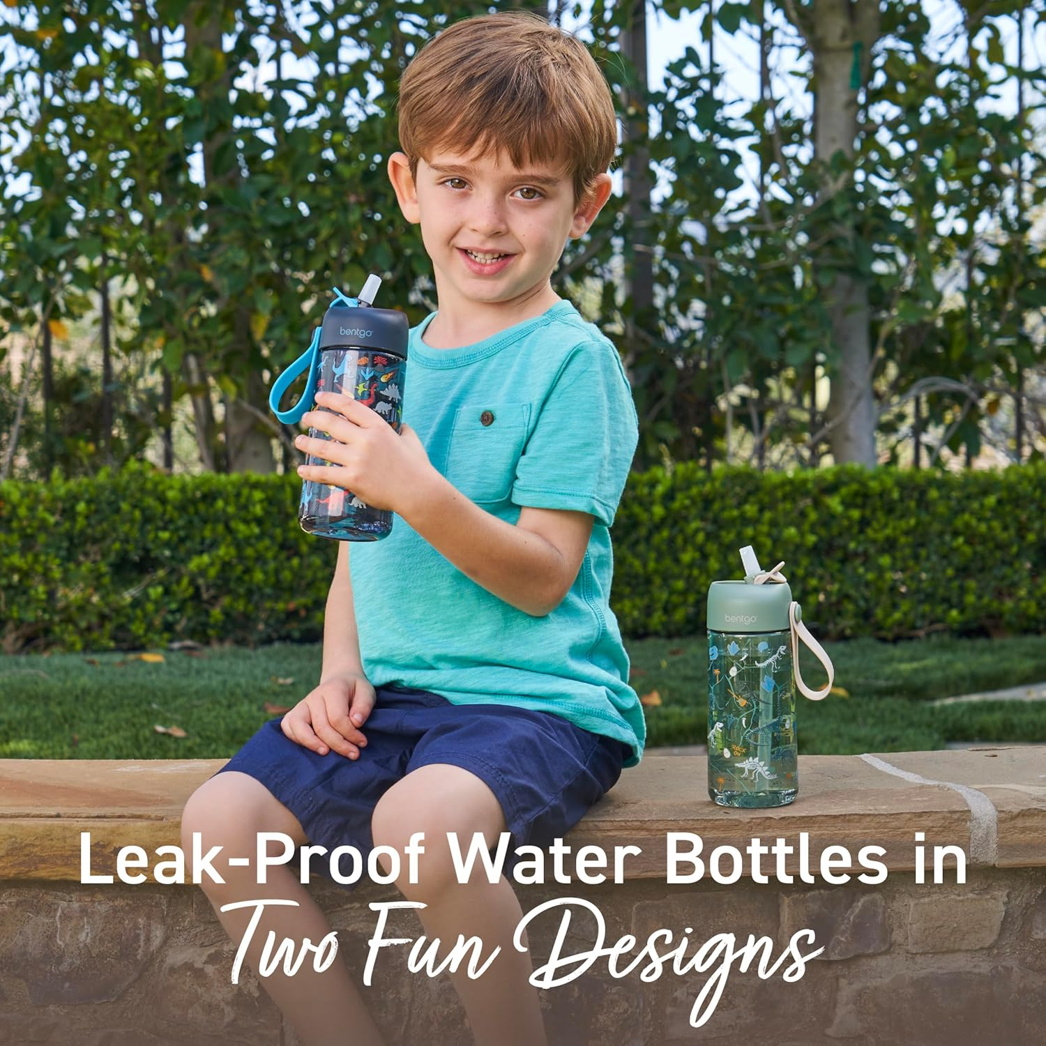 Bentgo® Kids Water Bottle 2-Pack - New, Improved 2023 Leak-Proof BPA-Free 15 oz Cups for Toddlers & Children - Flip-Up Safe-Sip Straw for School, Sports, Daycare, Camp (Dinosaur/Dino Fossils)