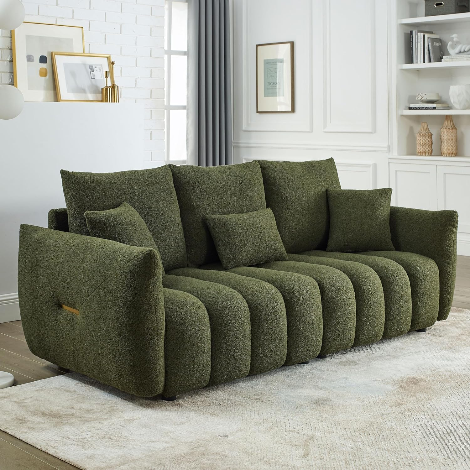 LUCKHAO  82" Modern Couch Premium Teddy fabric Sofa with 3 Back Pillows and 3 back Cushions Solid Wood Frame 3-Seater Sofa, Oversized Upholstered Chair for Living Room, Bedroom, Apartment and Office