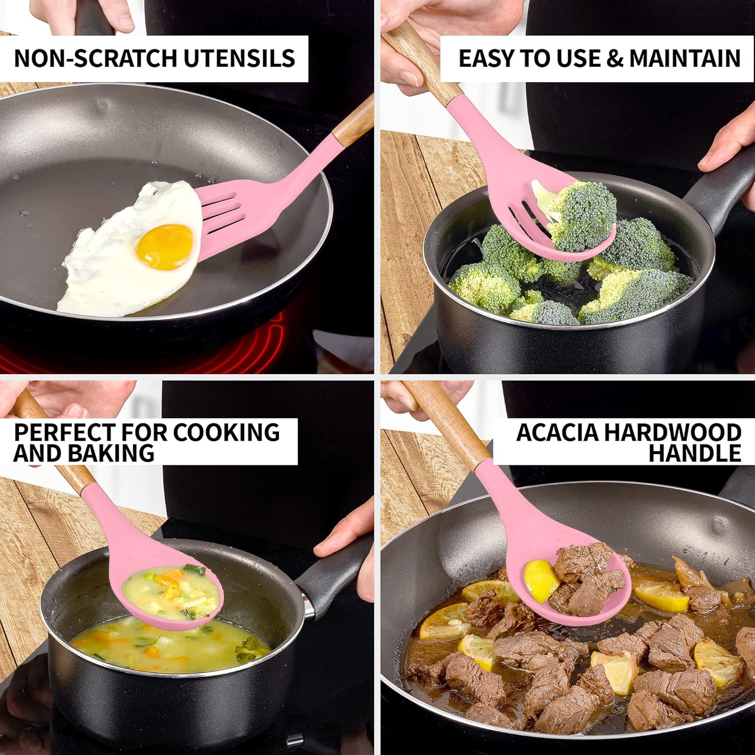 Zulay Kitchen Non-Stick Silicone Utensils Set with Acacia Wood Handles 5 Piece Silicone - Pink