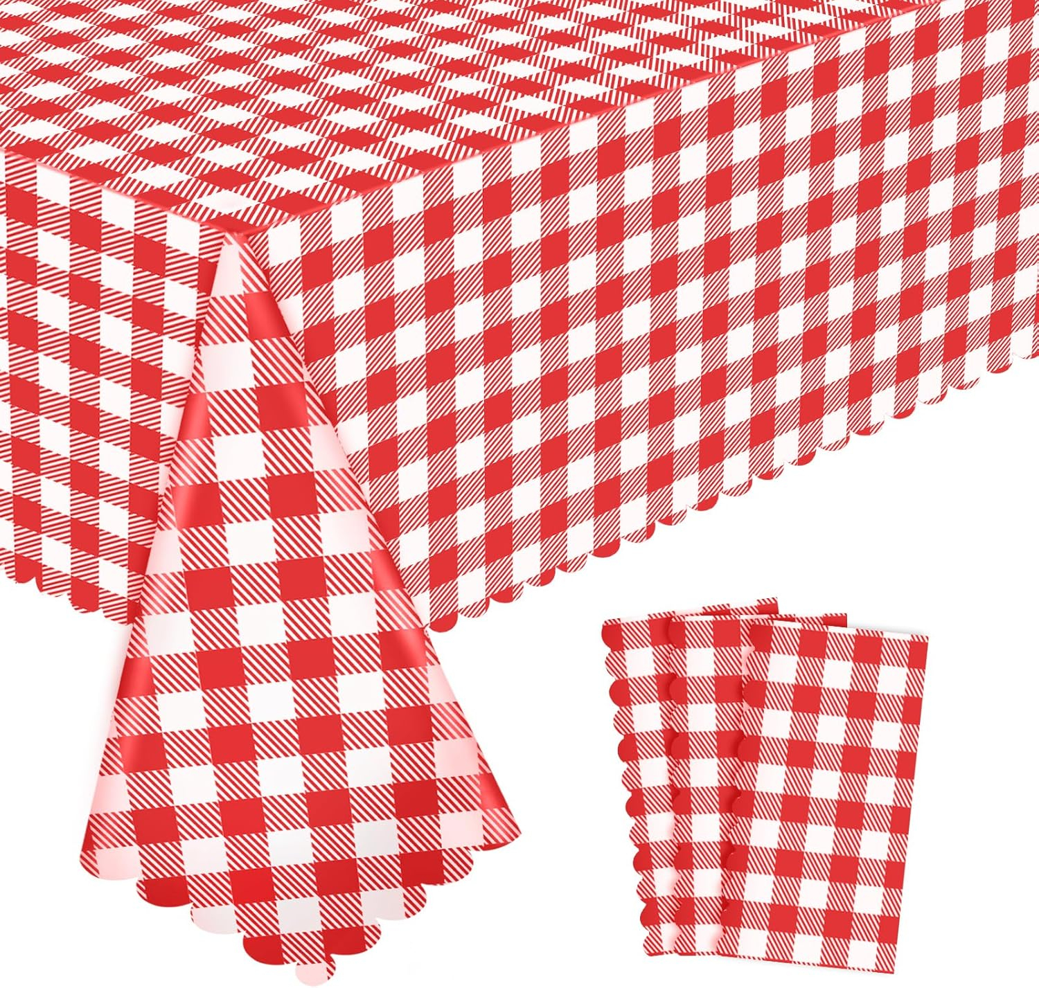 ARCOCO-3 Pack Red and White Checkered Tablecloth, 54 X 108Inch Plastic Red Gingham Table Cloth Disposable Spring Picnic Tablecloths Waterproof Red Checkered Table Cover for BBQ Picnic Barbecue Birthd
