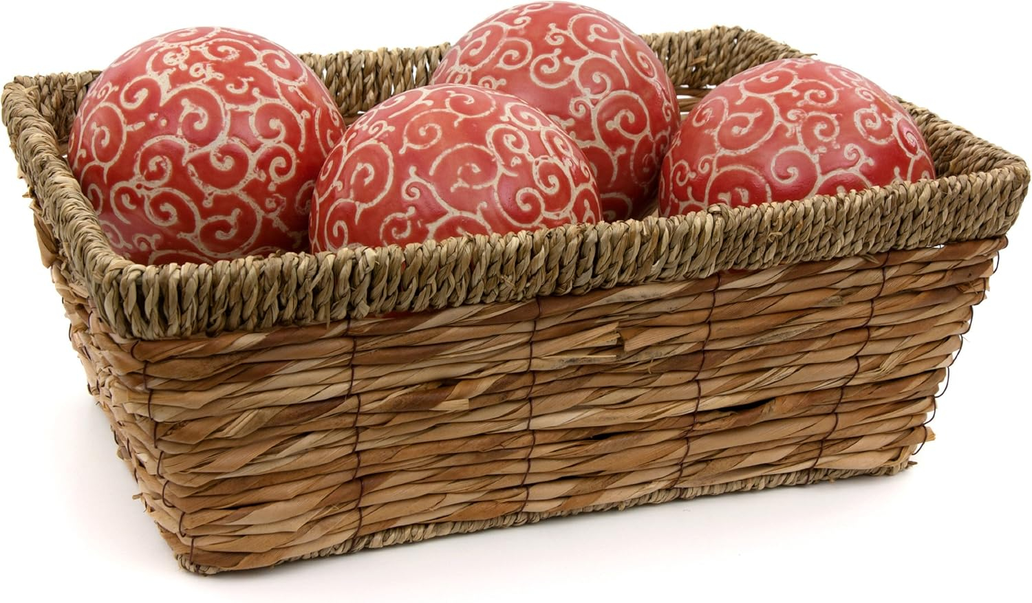 Oriental Furniture 4" Red and Beige Vines Porcelain Ball Set, Decorative item, Center piece, living room item