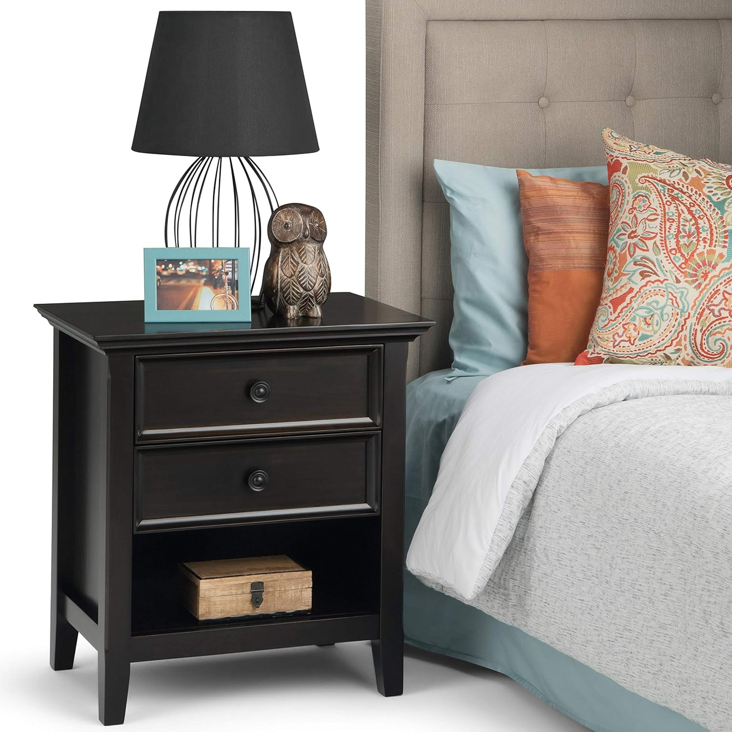 Simpli Home Amherst Wood 24" Transitional Bedside Nightstand Table in Hickory Brown