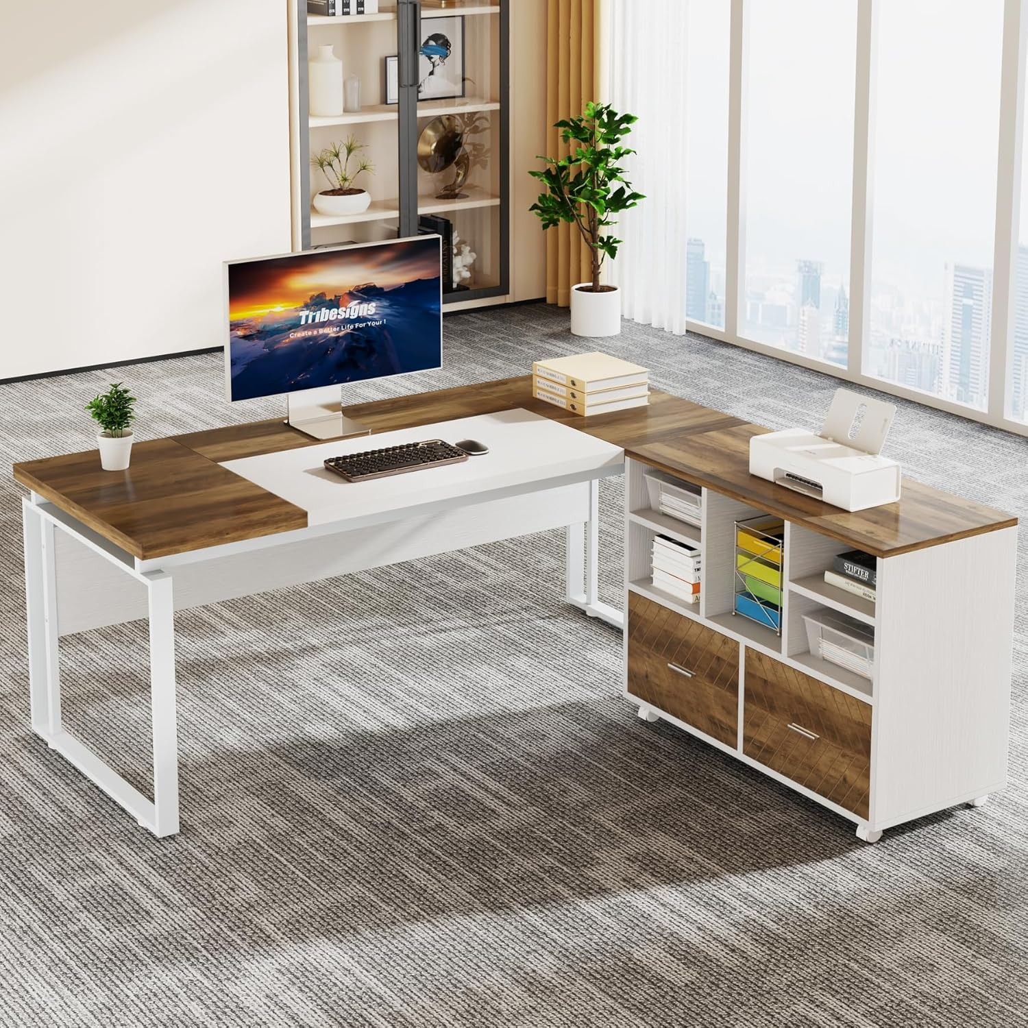 Capen 63 in. L-Shaped Oak Karo and White Wood Executive Desk with Mobile Storage Drawers L-Shaped Computer Desk