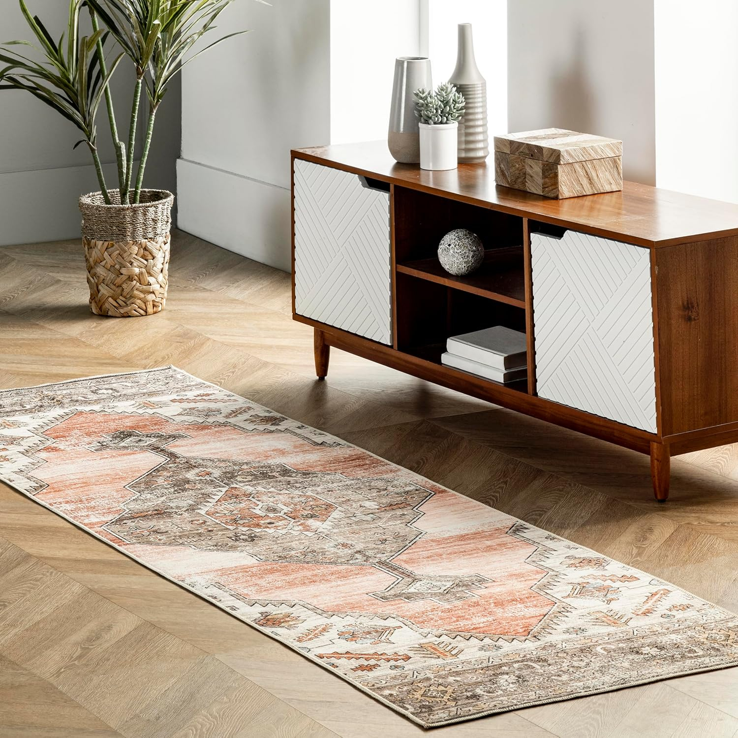 nuLOOM 2' x 12' SpinClean Machine Washable Stain-Resistant Area Rug with Non Slip Backing, Low Profile for Living Room, Bedroom, and Dining Room, Gracie Peach