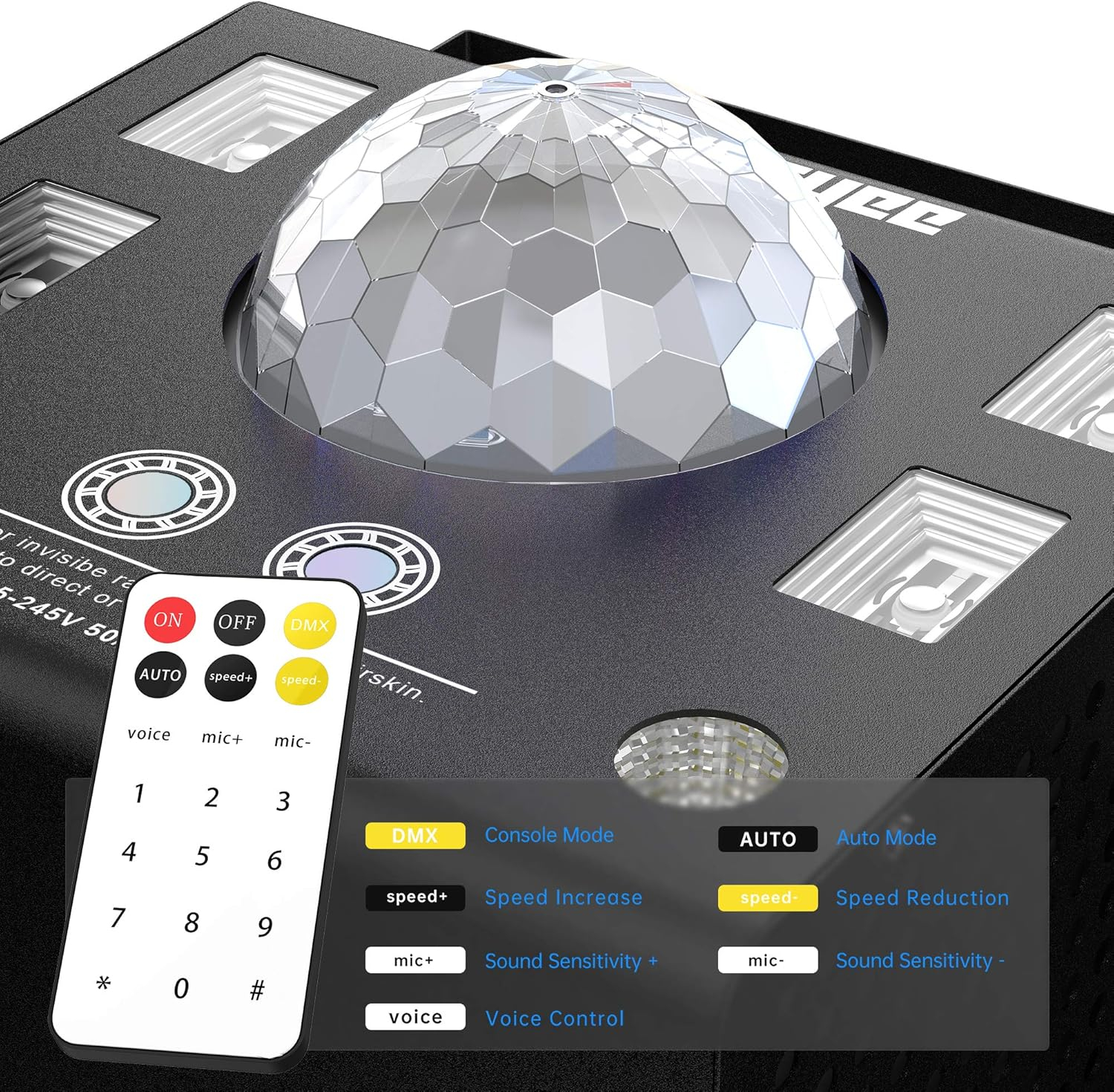 DJ Lights 4 in 1 with Disco Ball, LED Pattern & Strobe Sound Activated Stage Lights, Compatible with DMX Control for Home Dance Wedding Event Party