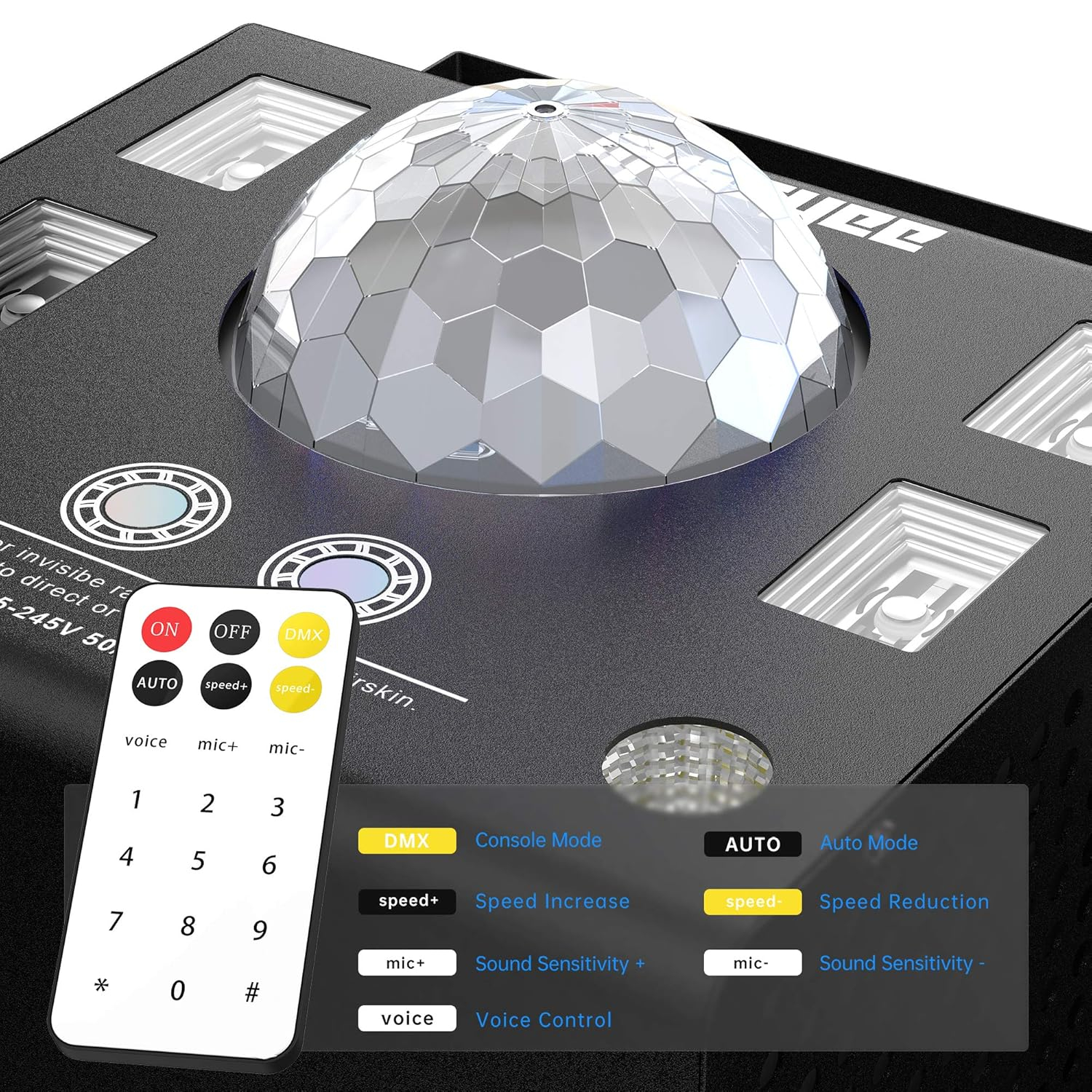 DJ Lights 4 in 1 with Disco Ball, LED Pattern & Strobe Sound Activated Stage Lights, Compatible with DMX Control for Home Dance Wedding Event Party