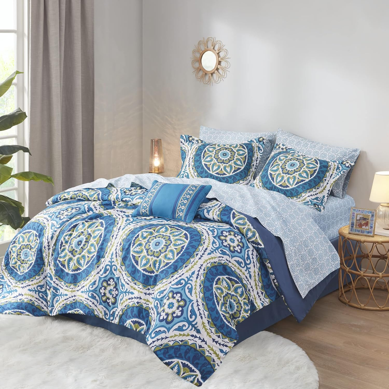 Serenity Bed in a Bag Comforter Set, Medallion Damask Design, All Season Bedding with Cotton Sheet Set, Bedskirt, Twin XL(68"x90") Blue 7 Piece
