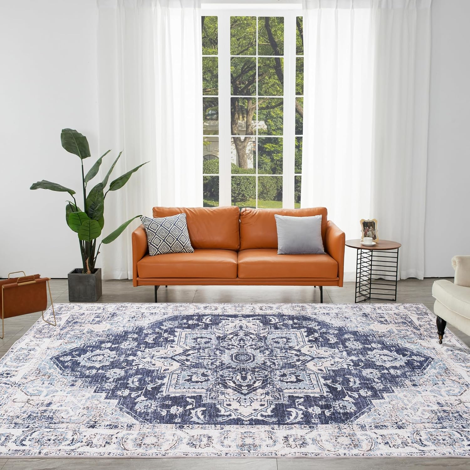 Washable Area Rug 5x7, Blue Rug for Living Room, Non Slip Low Pile Carpet for Bedroom, Dinning Room (Vintage Blue, 5'x7')