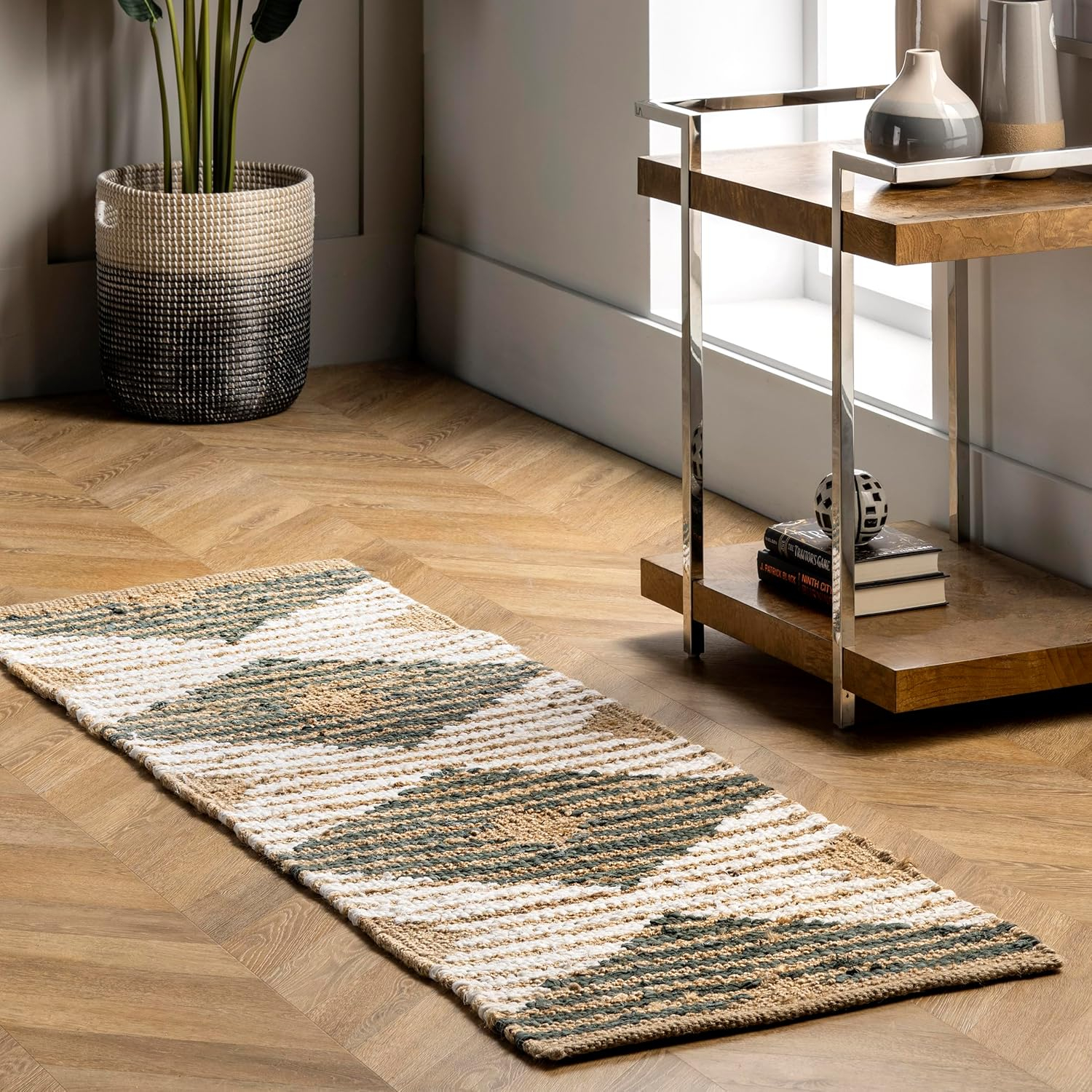 nuLOOM Hand Braided Marla Denim And Jute Diamonds Area Rug