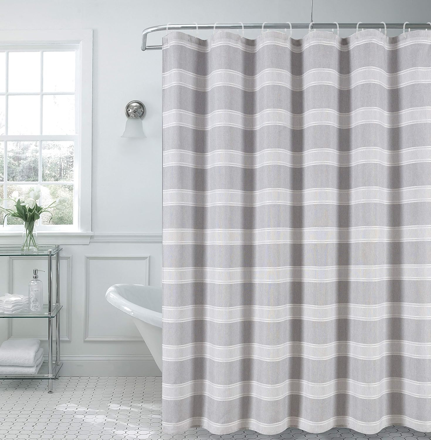 Dainty Home Madison Striped Textured Embossed Weaved Striped Cotton Feel Designed Fabric Shower Curtain 70W x 72L in Silver