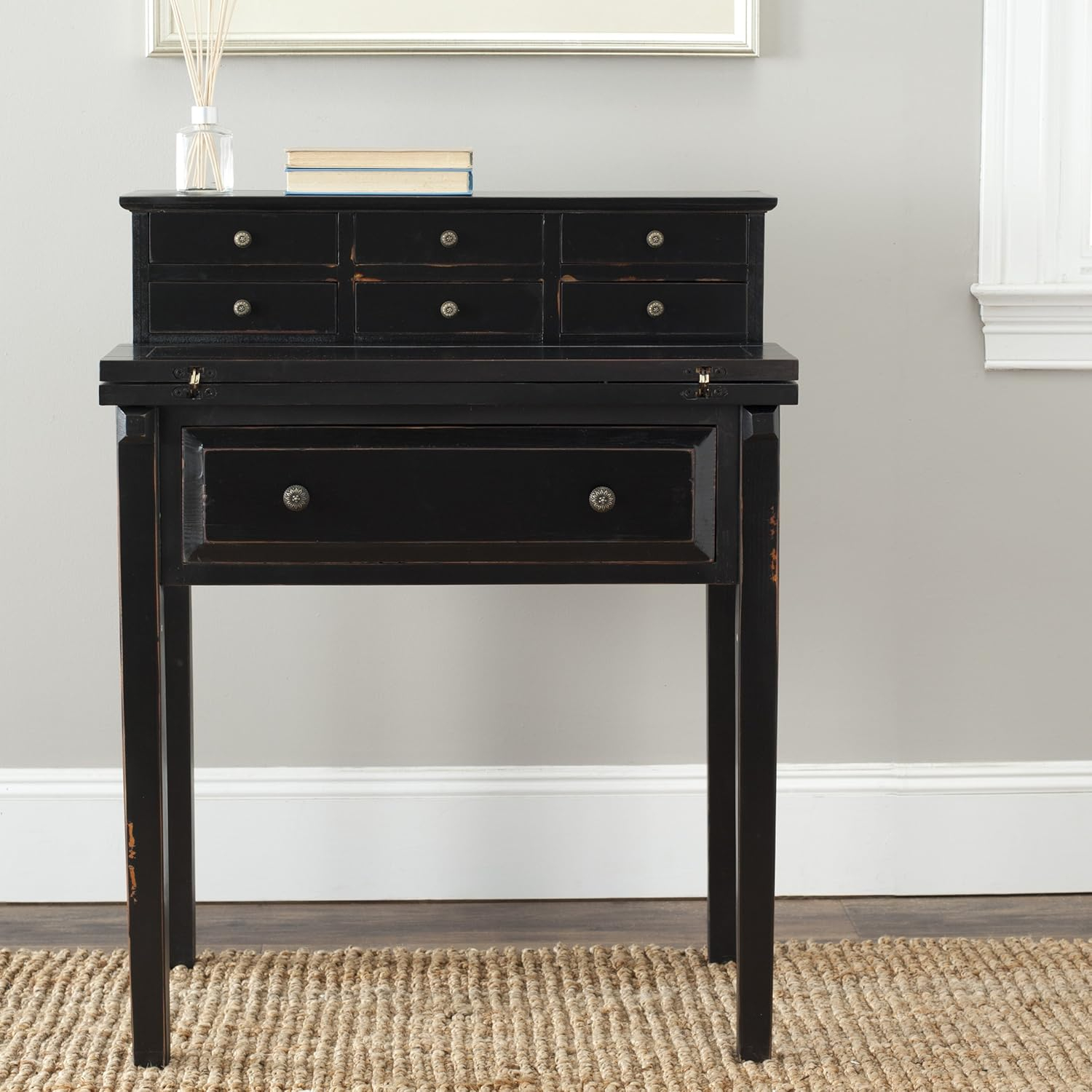 Transitional Black Wood Desk with 7 Drawers and Foldable Top