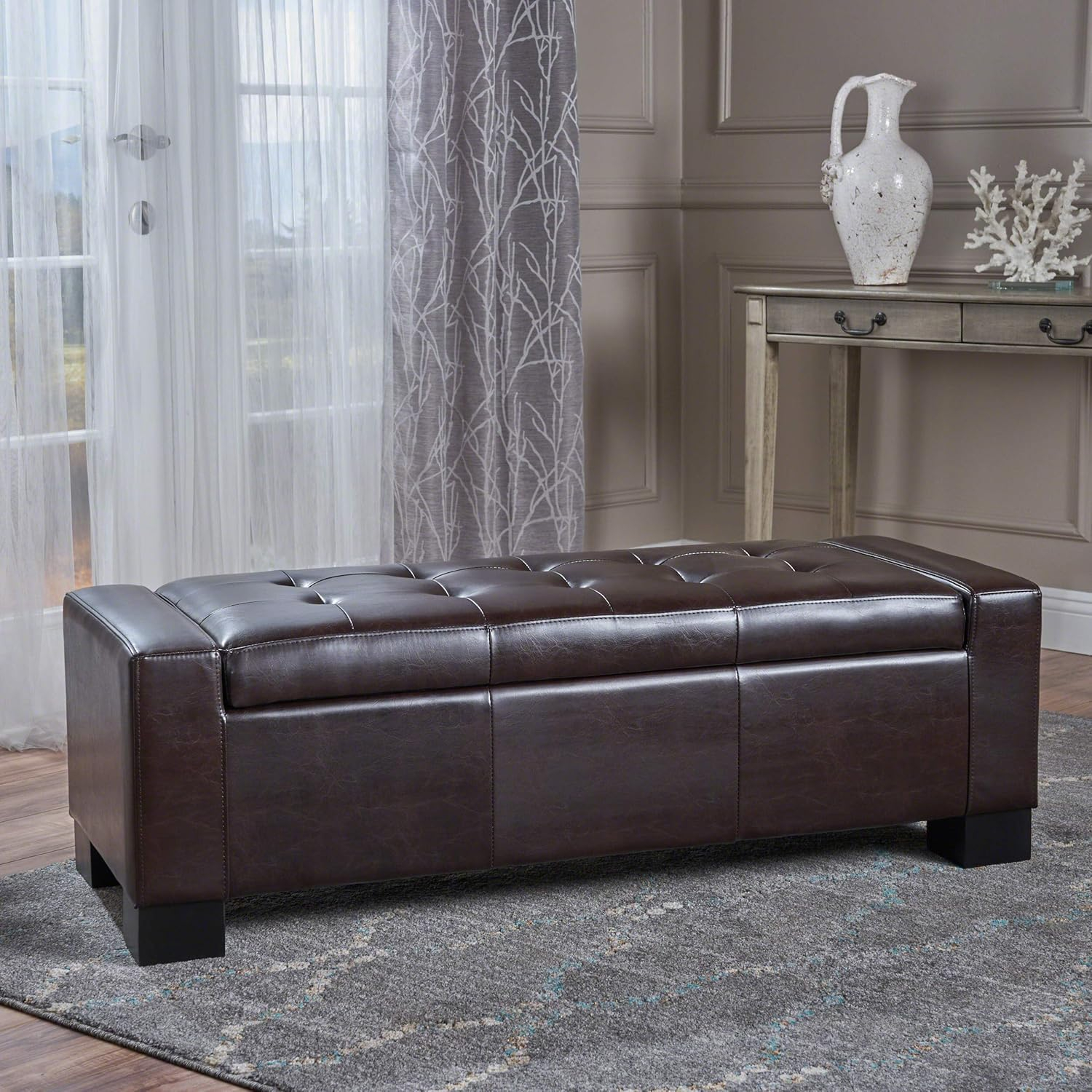 Christopher Knight Home Guernsey Bonded Leather Storage Ottoman Bench, Chocolate Brown 51 by 20 by 17