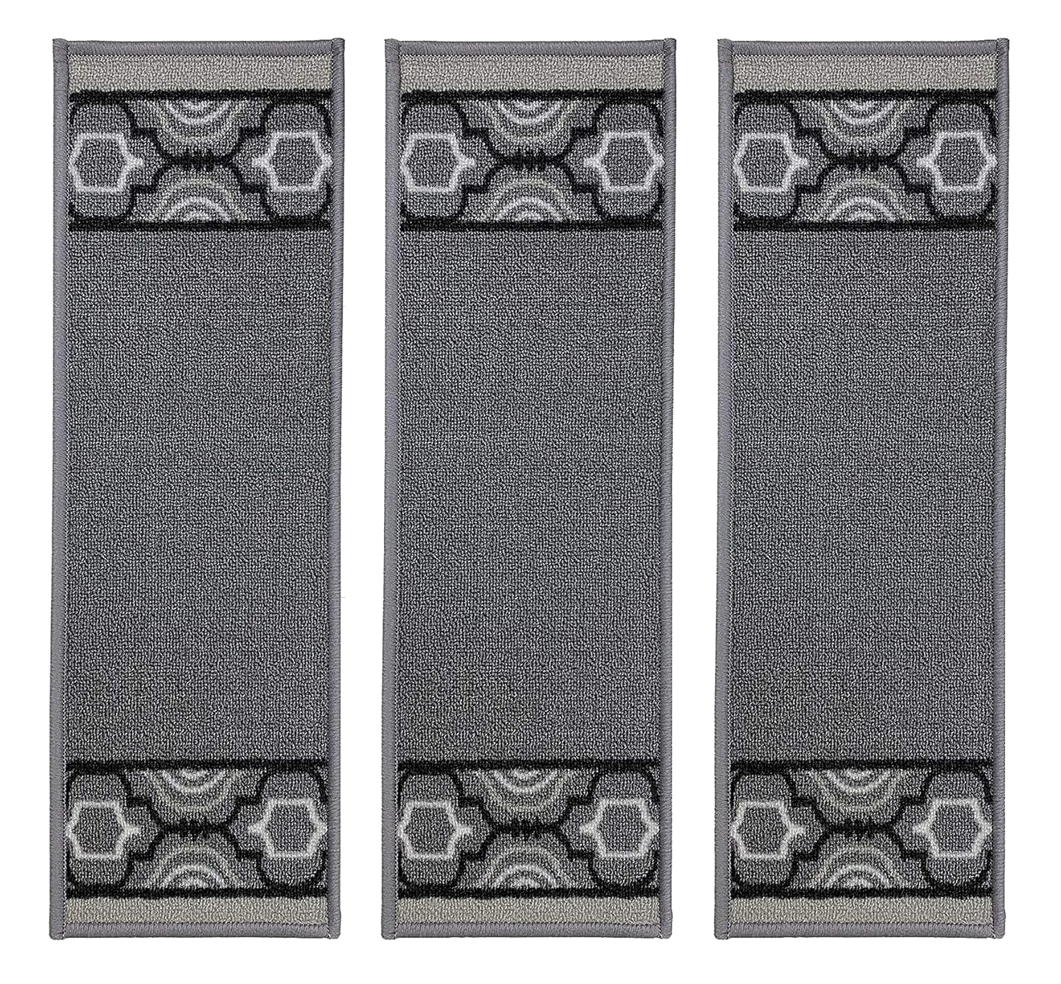 Stair Treads Skid Slip Resistant Backing Indoor Carpet Stair Treads Trellis Border Design 8 ½ inch x 26 ¼ inch (Set of 3, Grey Black)