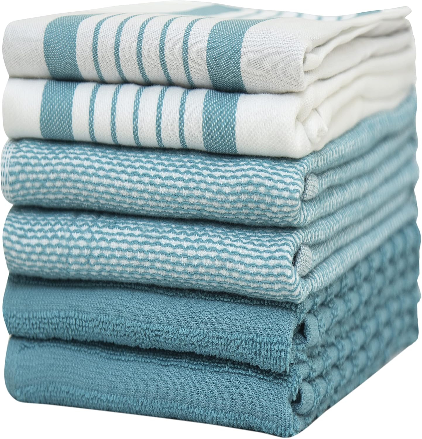 Premium Kitchen Towels 20”x 28”- 6 Pack| Large Cotton Kitchen Towels | Hand Towels for Kitchen | Flat & Terry Towel | Dish Towels | Highly Absorbent Tea Towels Set with Hanging Loop | Aqua Striped