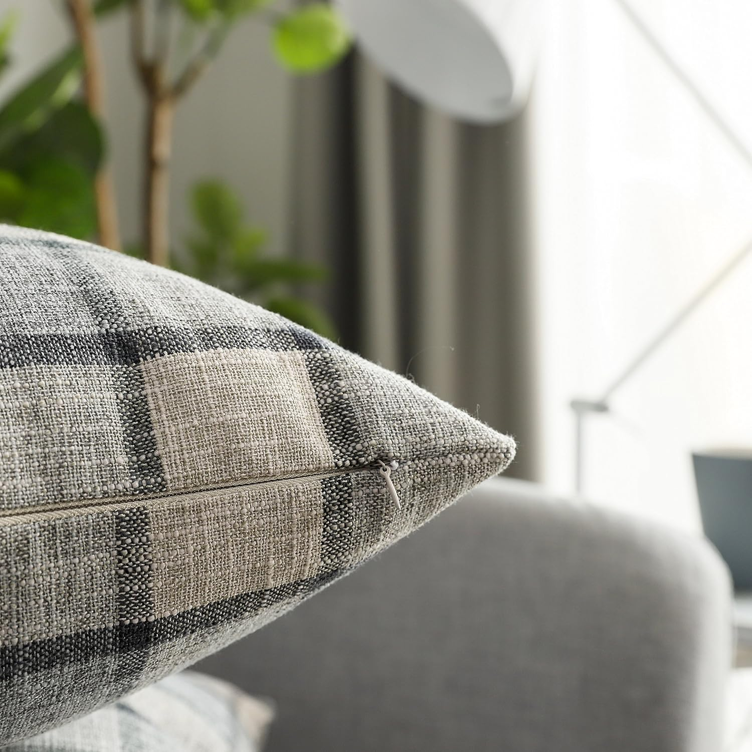 UGASA Pack of 2 Classic Retro Checkered Plaids Cotton Linen Soft Decorative Square Throw Pillow Covers Home Decor Design Cushion Case for Sofa, 18x18inch, Light Grey + Blue