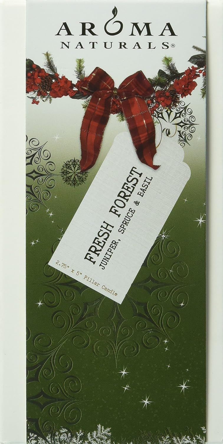 Aroma Naturals Holiday Juniper, Spruce and Basil Essential Oil Pillar Candle, Fresh Forest, 2.75 inch x 5 inch