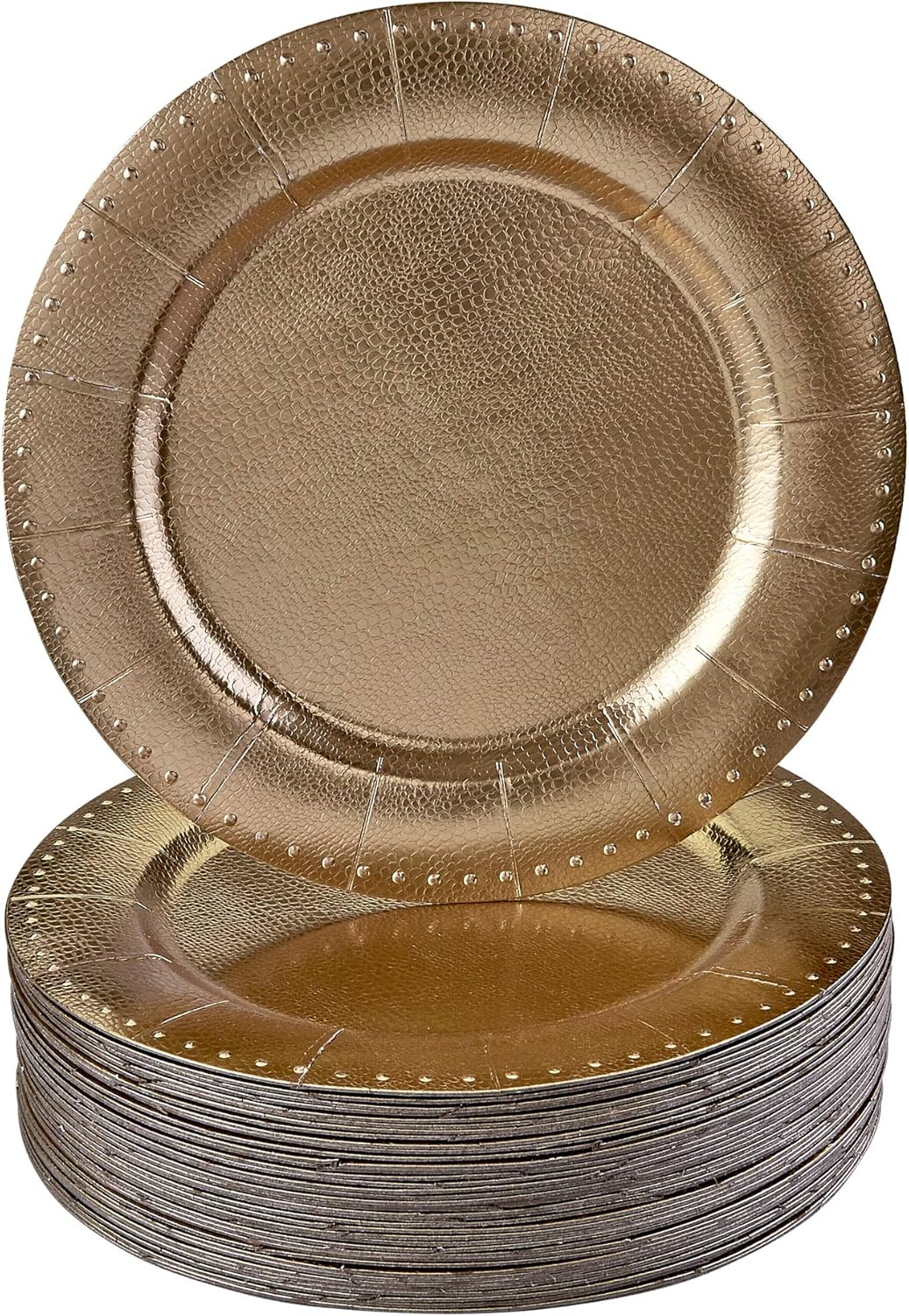 Silver Spoons Elegant Disposable Beaded Charger Plates for Party, Heavy Duty Disposable Dinner Set, 13”, Gold (10 PC)