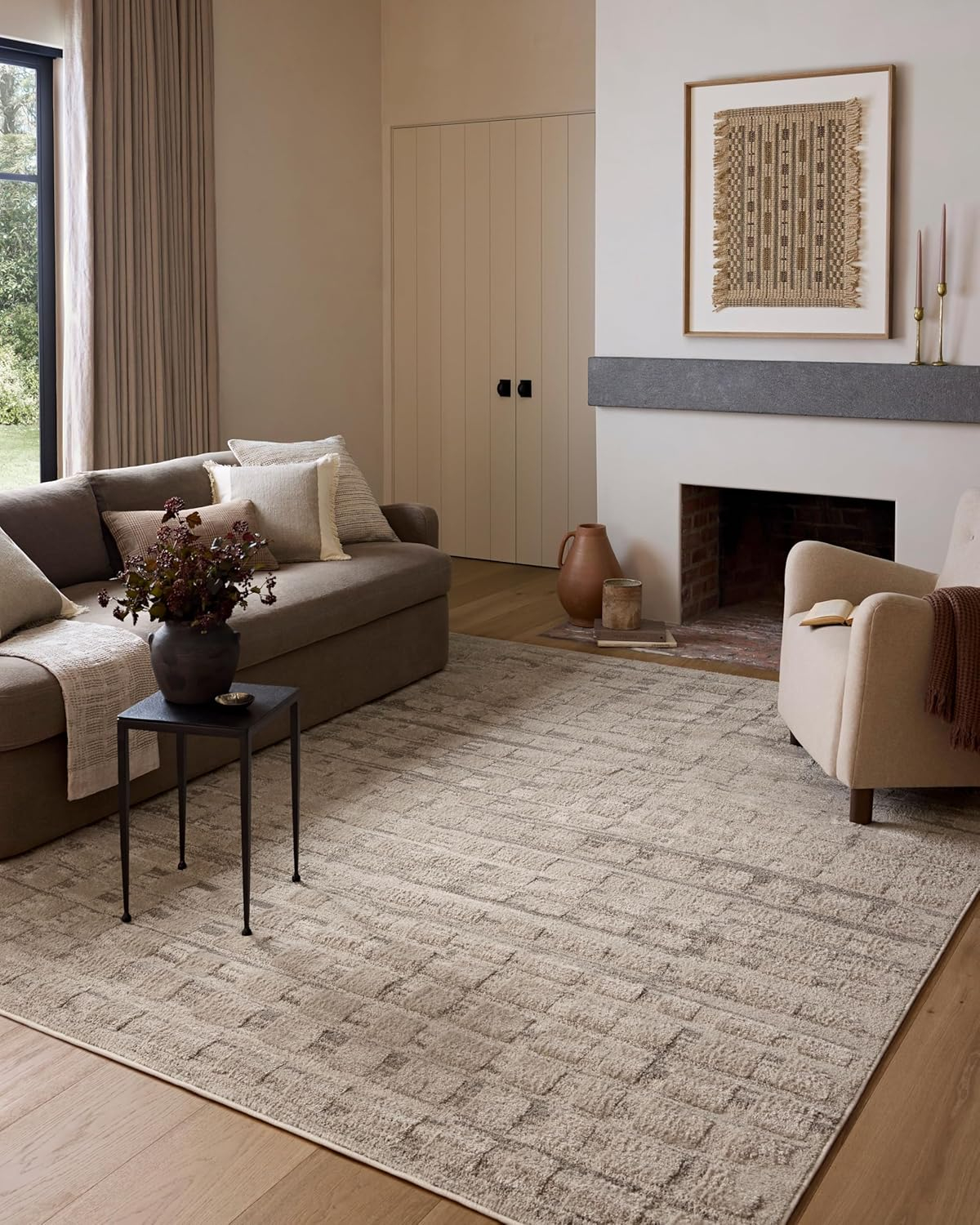 Pebble Beige High Pile Polyester Moroccan Area Rug