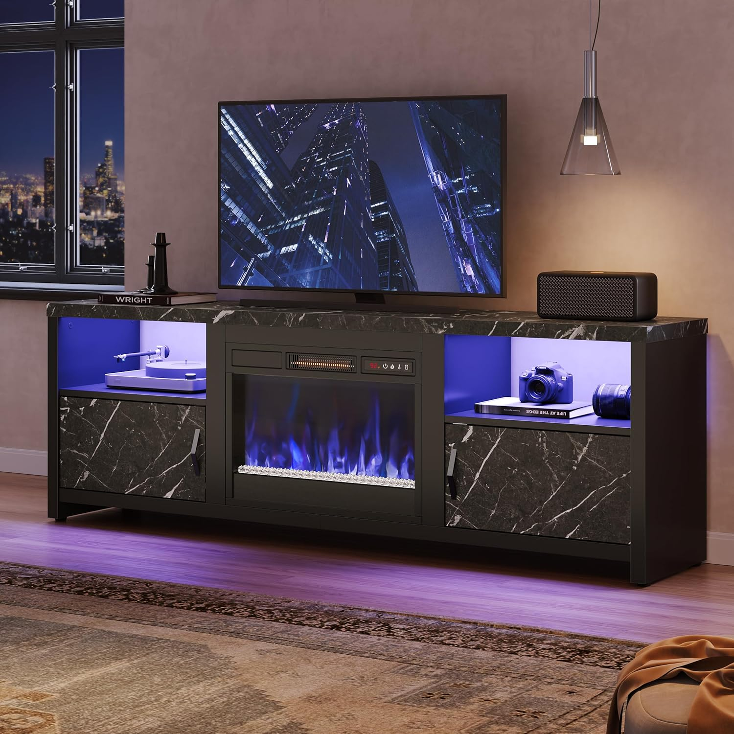 70.87 in. Walnut Electric Fireplace TV Stand Fits TV's Up to 75 in. LED Entertainment Center with Cabinets