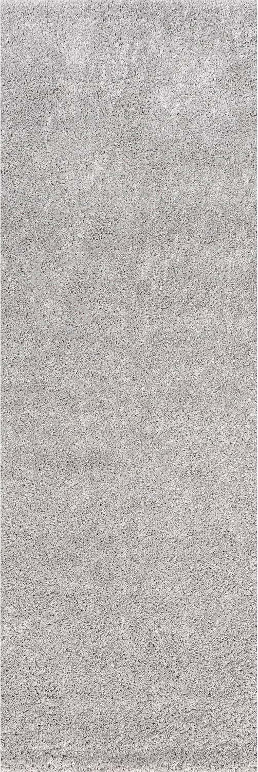 Luxurious Silver Shag 20' Runner Rug with Easy Care Synthetic Pile
