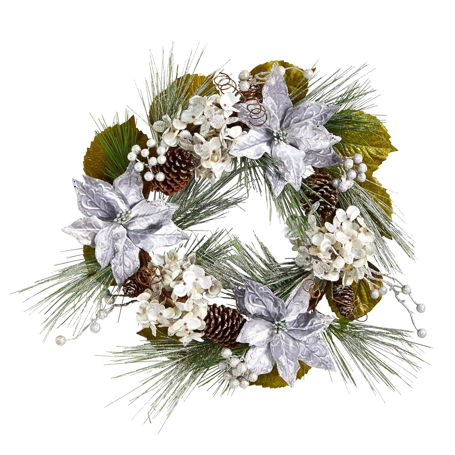 24" Silver and White Artificial Christmas Wreath with Pinecones and Hydrangeas