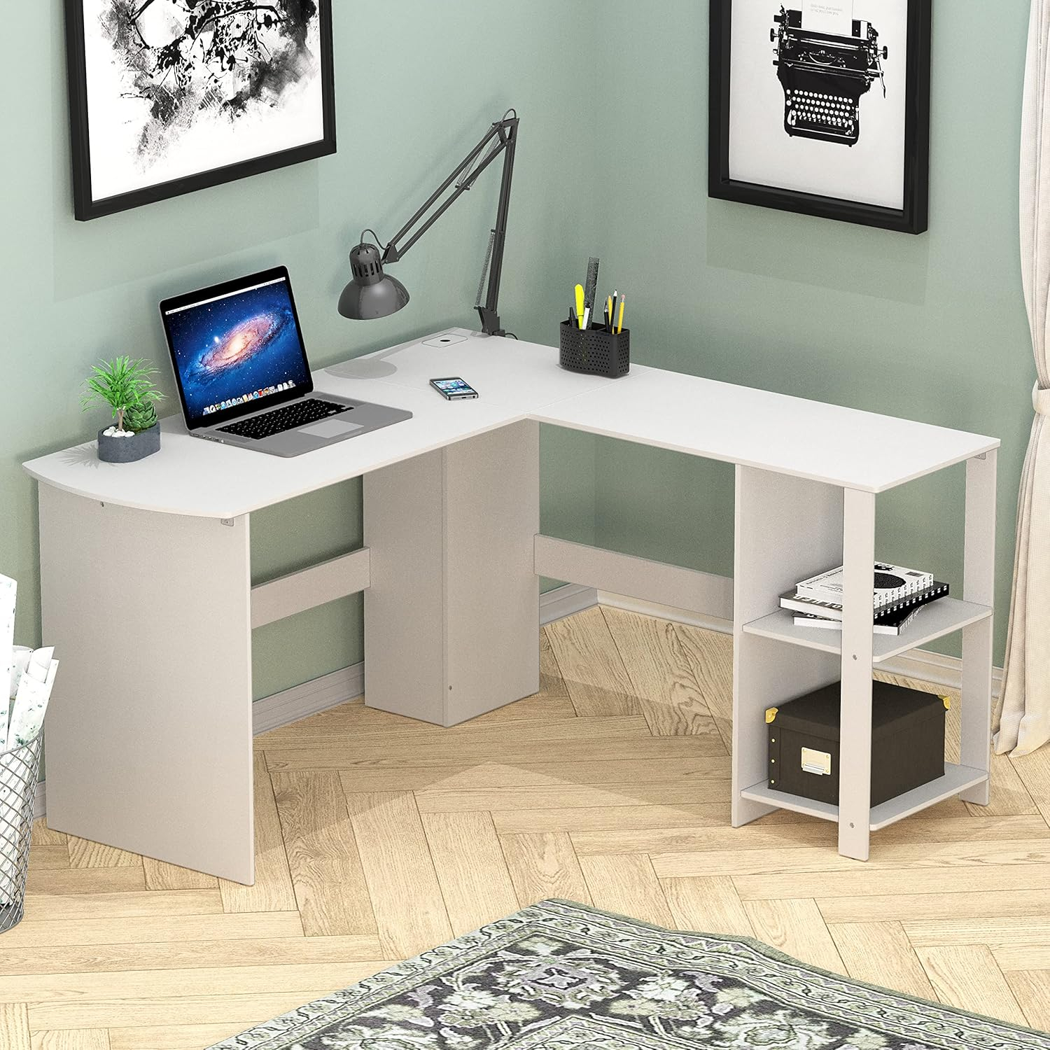 SHW 51 x 51 Inches L-Shaped Home Office Wood Corner Desk wtih Storage, White