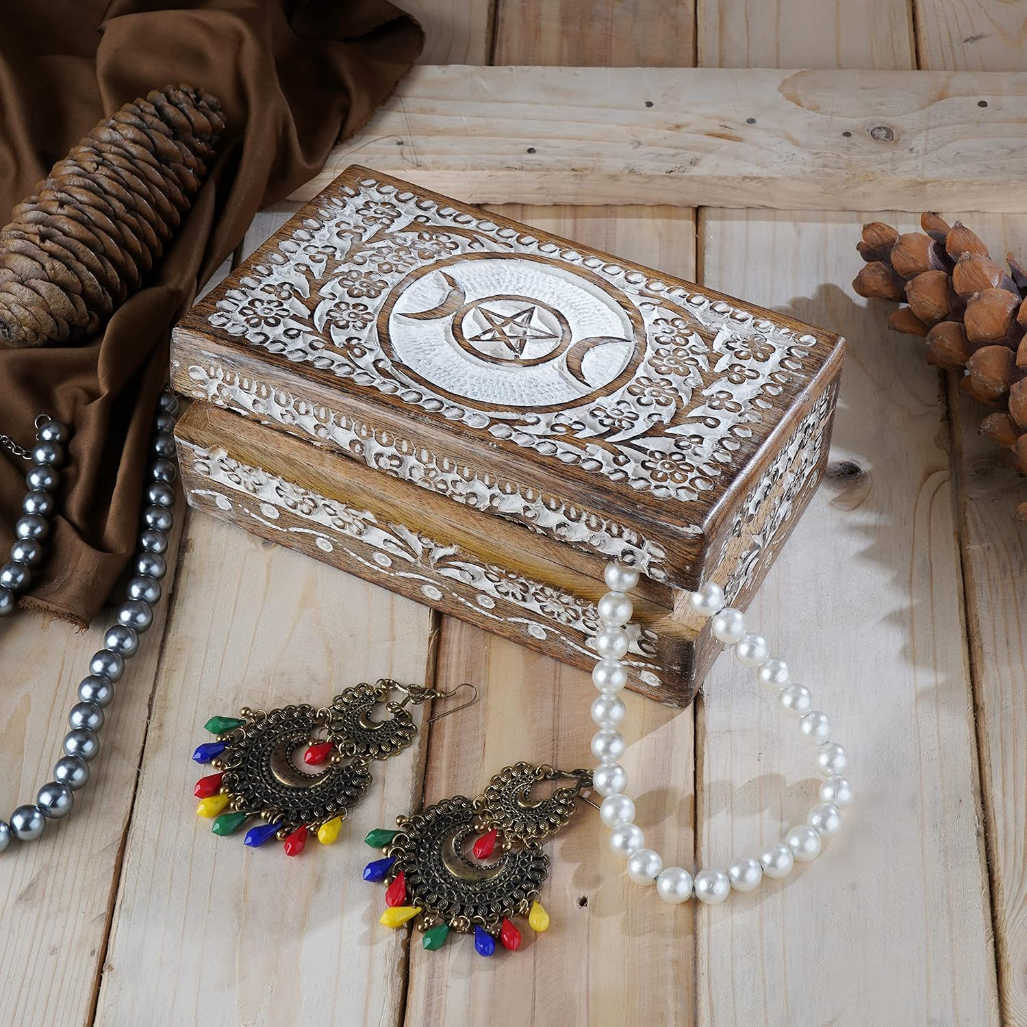 Ajuny Wooden Hand Carved Decorative Jewelry Storage Box with Moon Star Flower Carvings