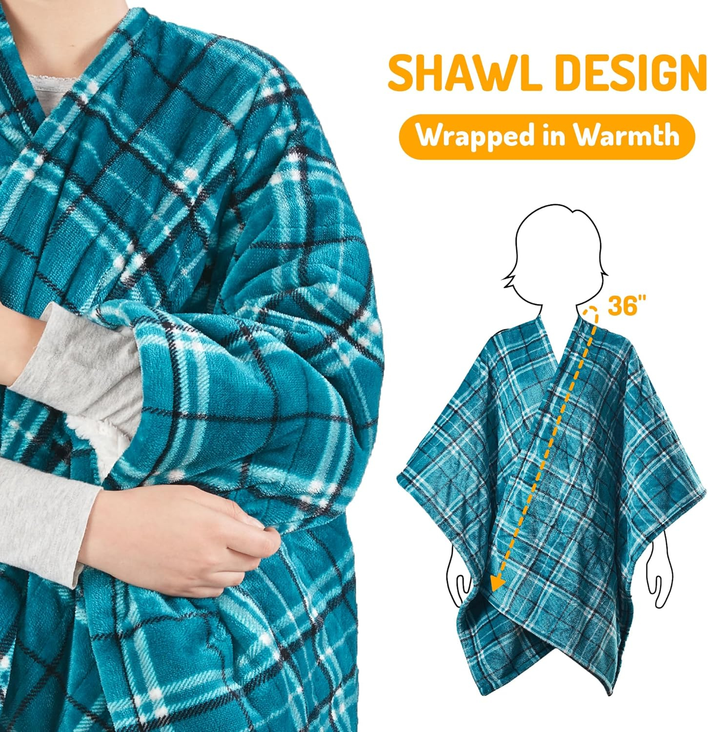Degrees of Comfort Heated Sherpa Wrap Shawl, Cozy Winter Electric Blanket Throw, for Grandma Mom Women, Washable, Auto Shut-Off, Reversible 50 x 64 Inch, Blue Plaid
