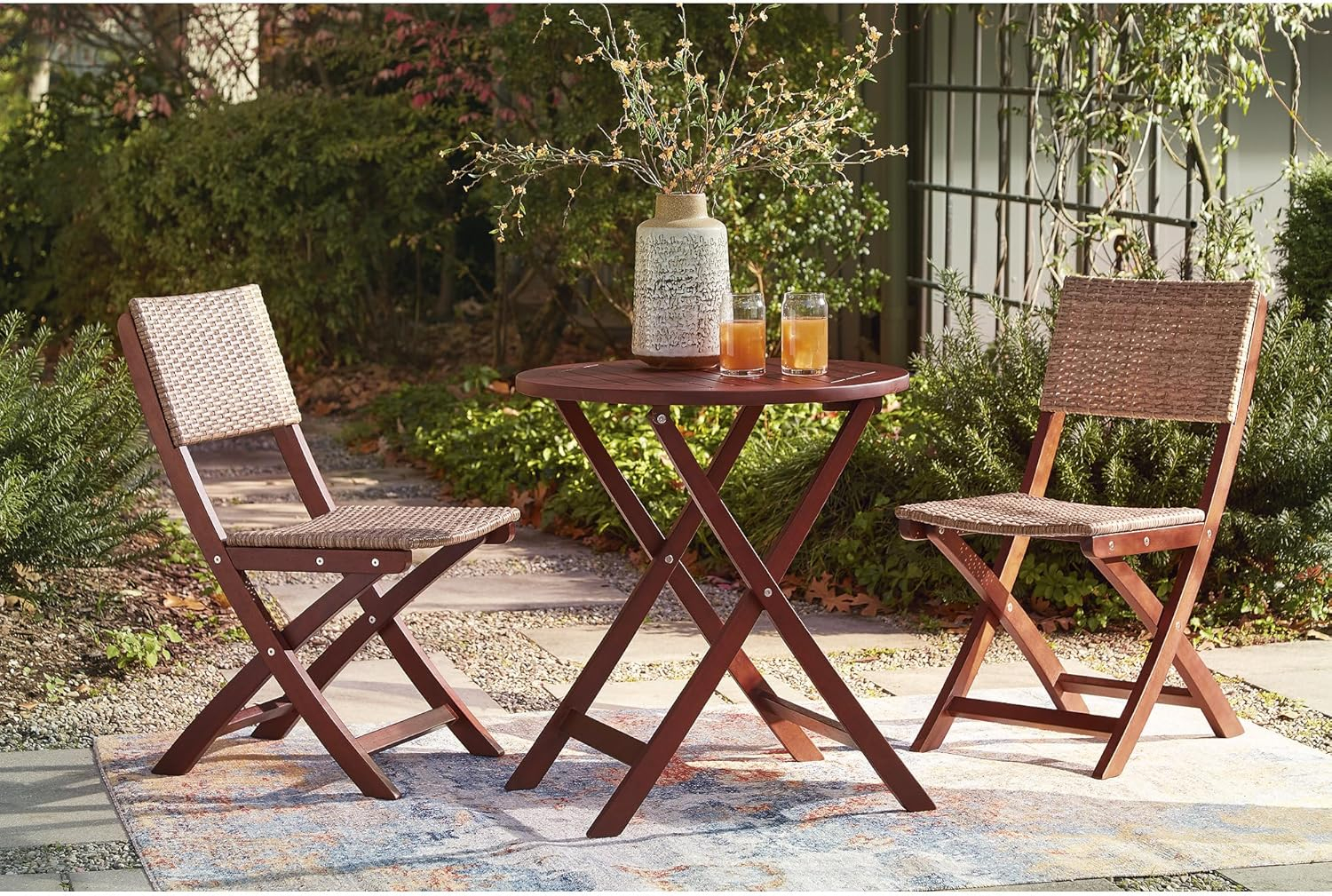 Signature Design by Ashley Safari Peak Casual Outdoor Eucalyptus Wood Folding Table and 2 Chairs with Locking Mechanism, Set of 3, Dark Brown