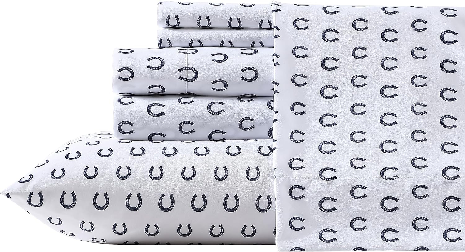 Navy Horseshoe Print Twin Microfiber Sheet Set