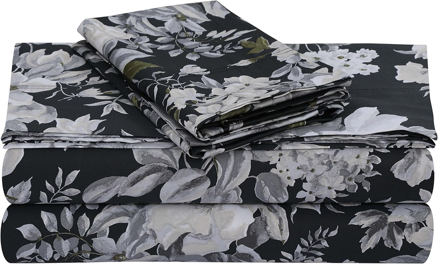 Tribeca Living Standard Cotton Sateen Pillowcases Size Set of 2 Pillow Covers, Floral Print, 300 Thread Count, Luxury Bedding, Vernazza Charcoal