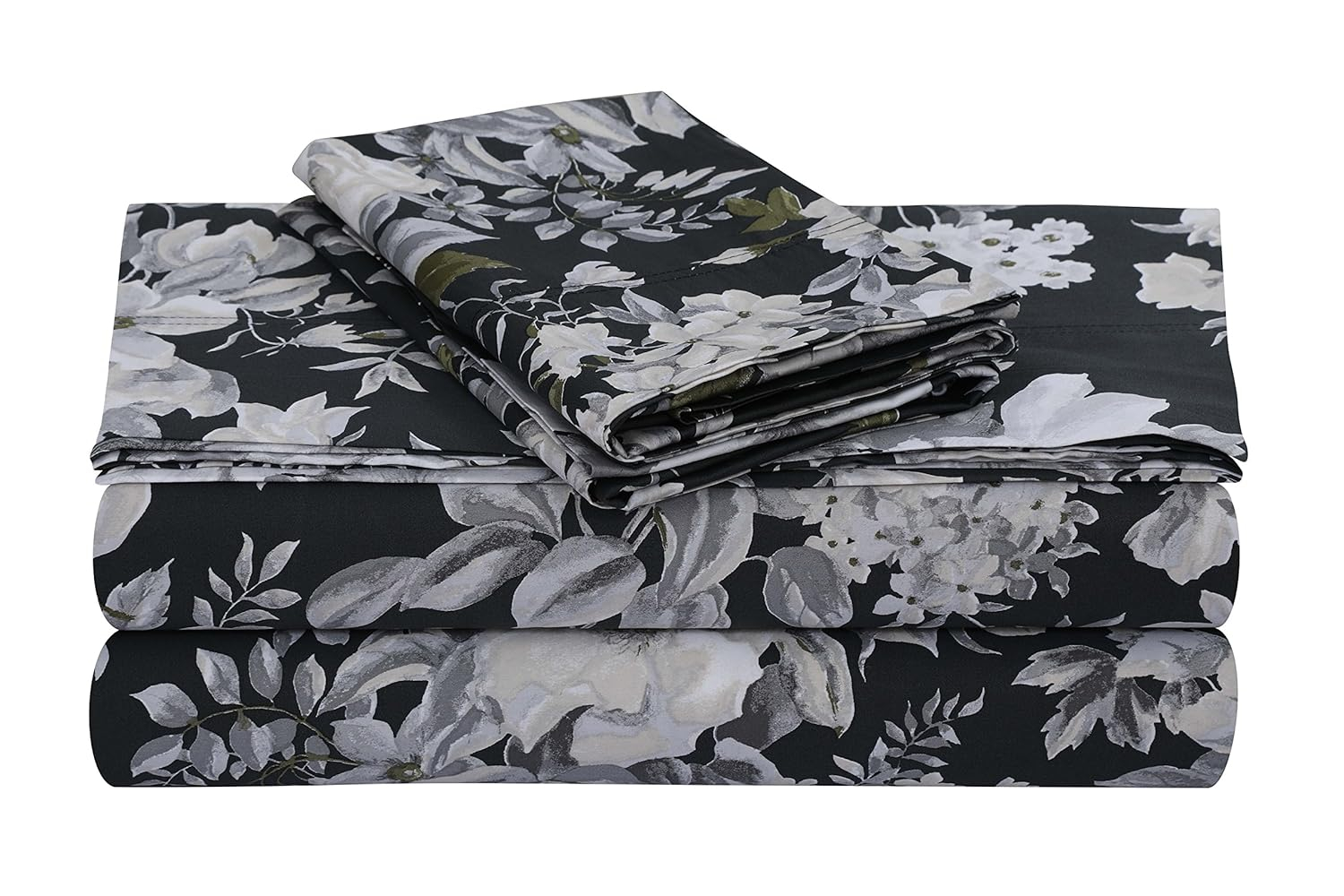 Tribeca Living Standard Cotton Sateen Pillowcases Size Set of 2 Pillow Covers, Floral Print, 300 Thread Count, Luxury Bedding, Vernazza Charcoal