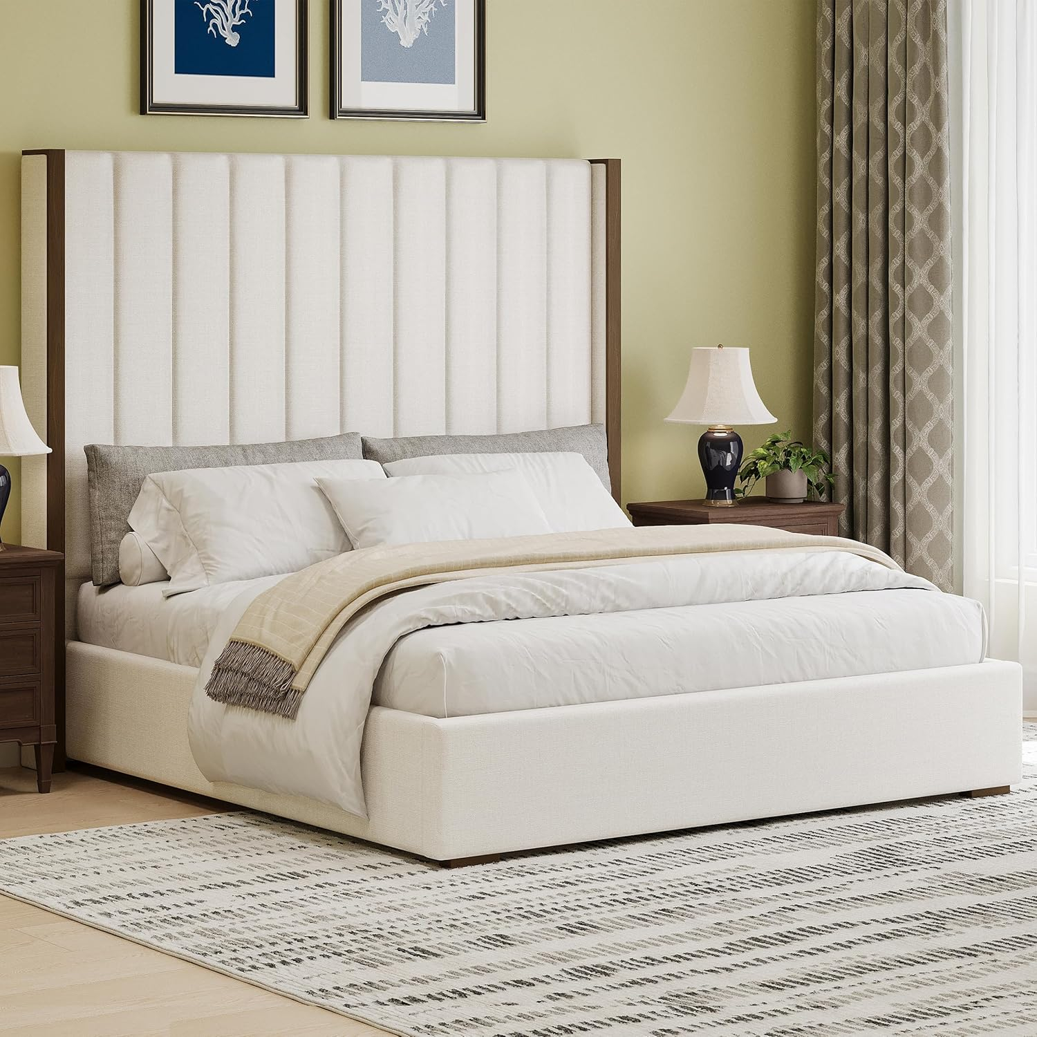 67.5" Tall Headboard Upholstered King Size Bed with Vertical Striped and Wingback Design, Box Spring Needed, Linen