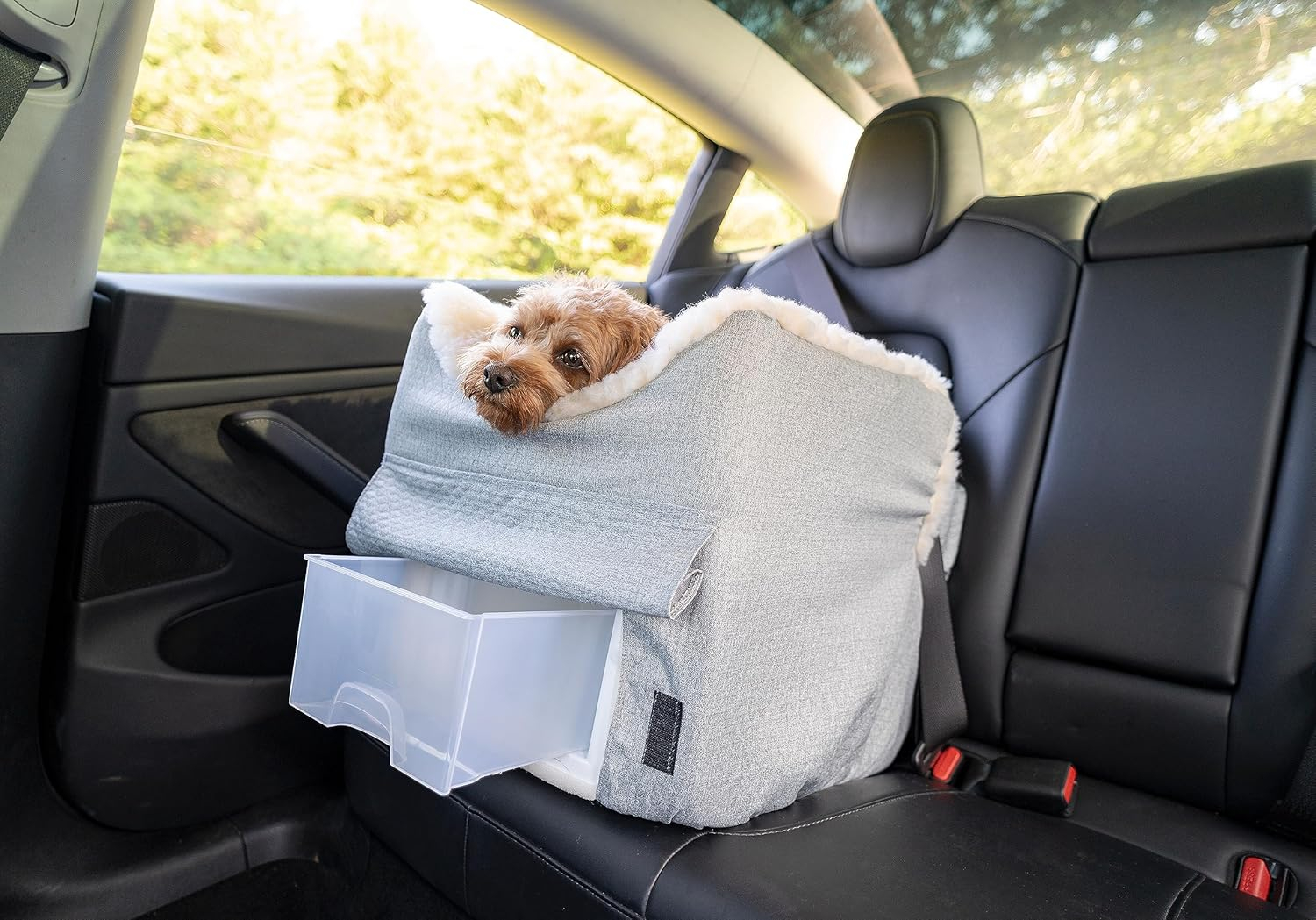 Medium Gray Soft-Sided Elevated Dog Car Seat with Sherpa Interior