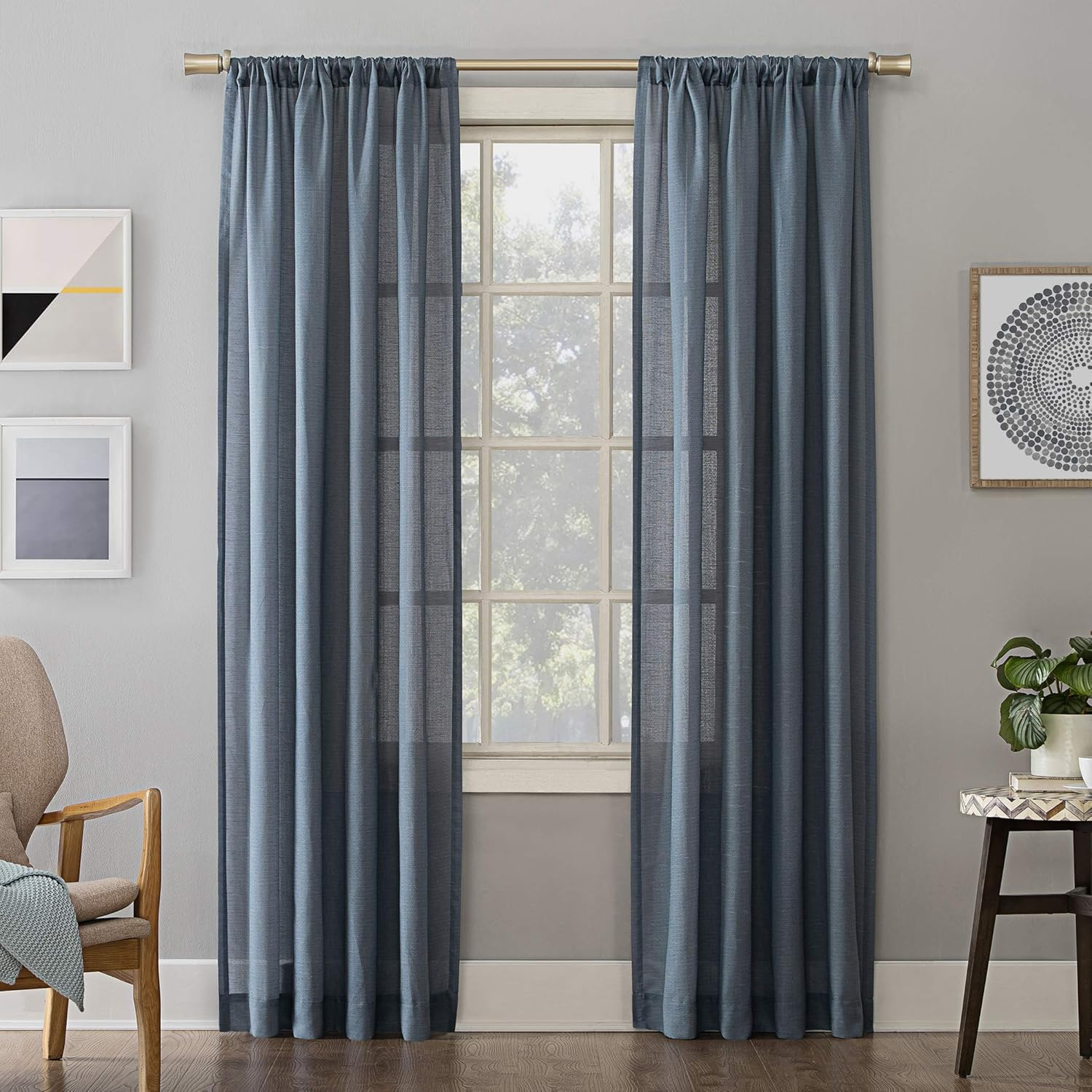 No. 918 Daniela 1-Piece Linen Blend Semi-Sheer Rod Pocket Curtain Panel, 54"x84", Denim Blue