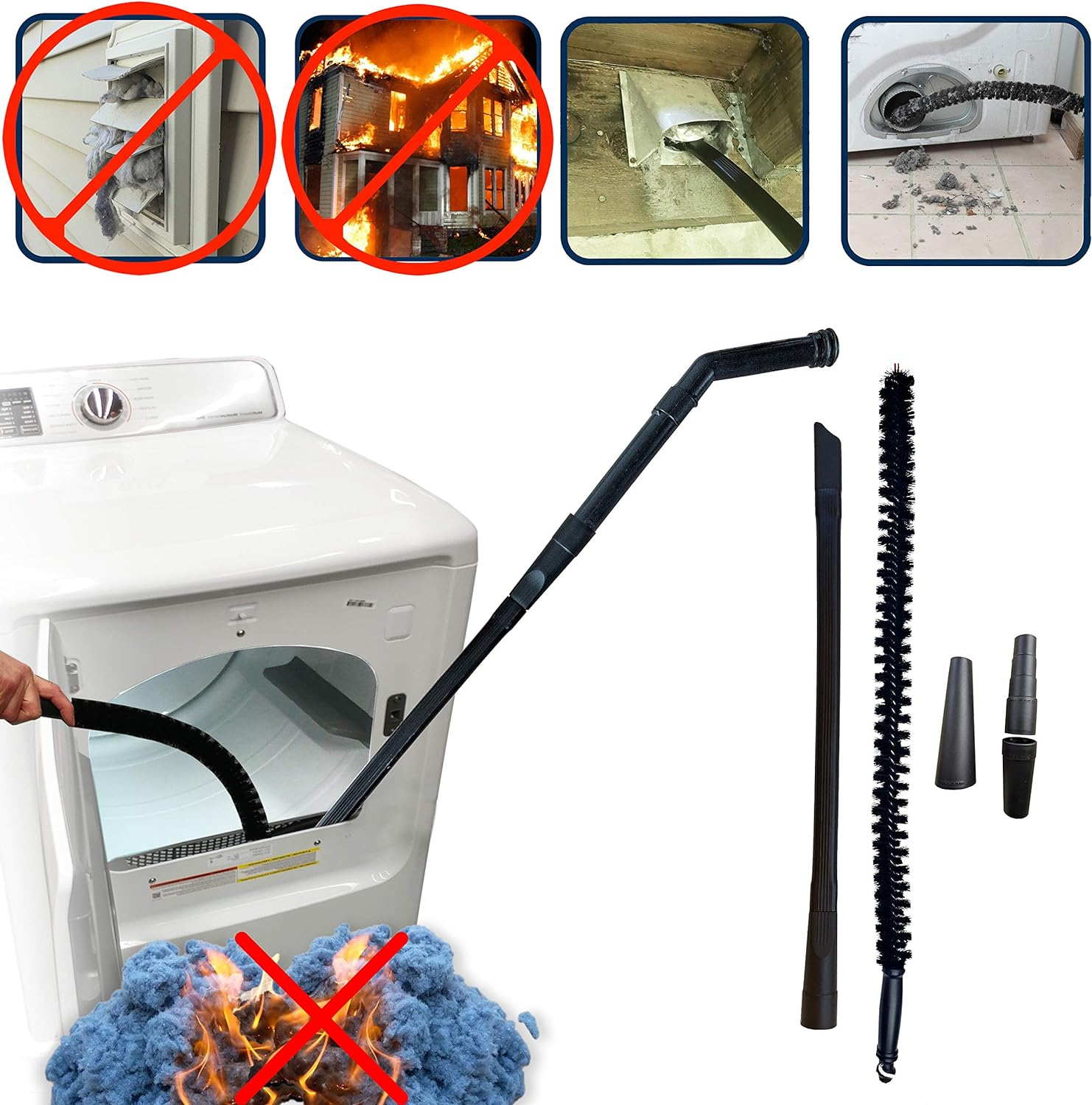 Vacuum Attachment for Dryer Vent, Crevice Cleaning Tool for Clothes Dryer with Lint Trap Brush and Flexible Hose. Duct Cleaner Kit. Designed by Dryer Vent Cleaning Technicians.